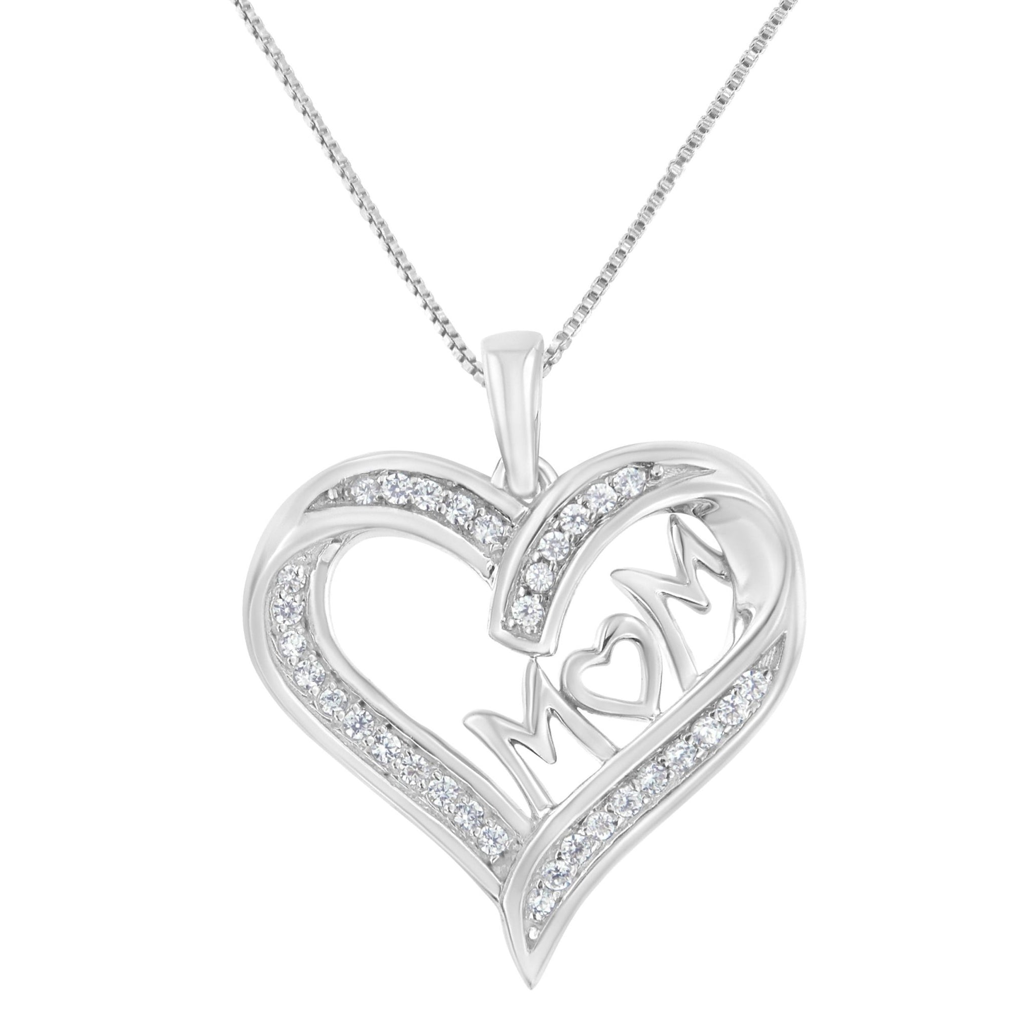 .925 Sterling Silver 1/4 cttw Diamond Engraved "Mom" in Heart Pendant Necklace (I-J Color, I3 Clarity) - LinkagejewelrydesignLinkagejewelrydesign