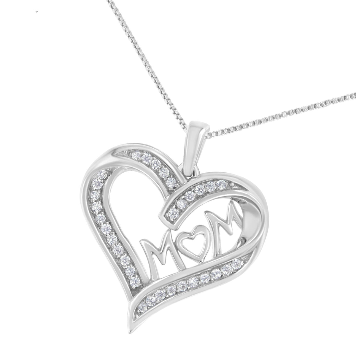 .925 Sterling Silver 1/4 cttw Diamond Engraved &quot;Mom&quot; in Heart Pendant Necklace (I-J Color, I3 Clarity) - LinkagejewelrydesignLinkagejewelrydesign