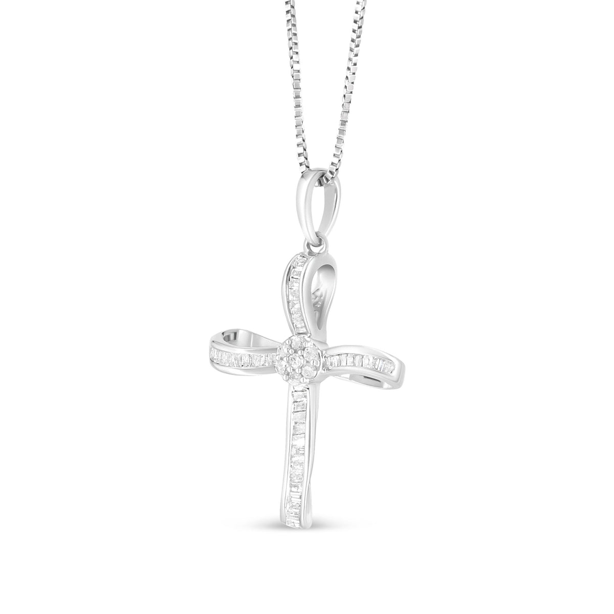 .925 Sterling Silver 1/4 Cttw Diamond Floral Cluster Cross Pendant Necklace (I-J Color, I2-I3 Clarity) - LinkagejewelrydesignLinkagejewelrydesign