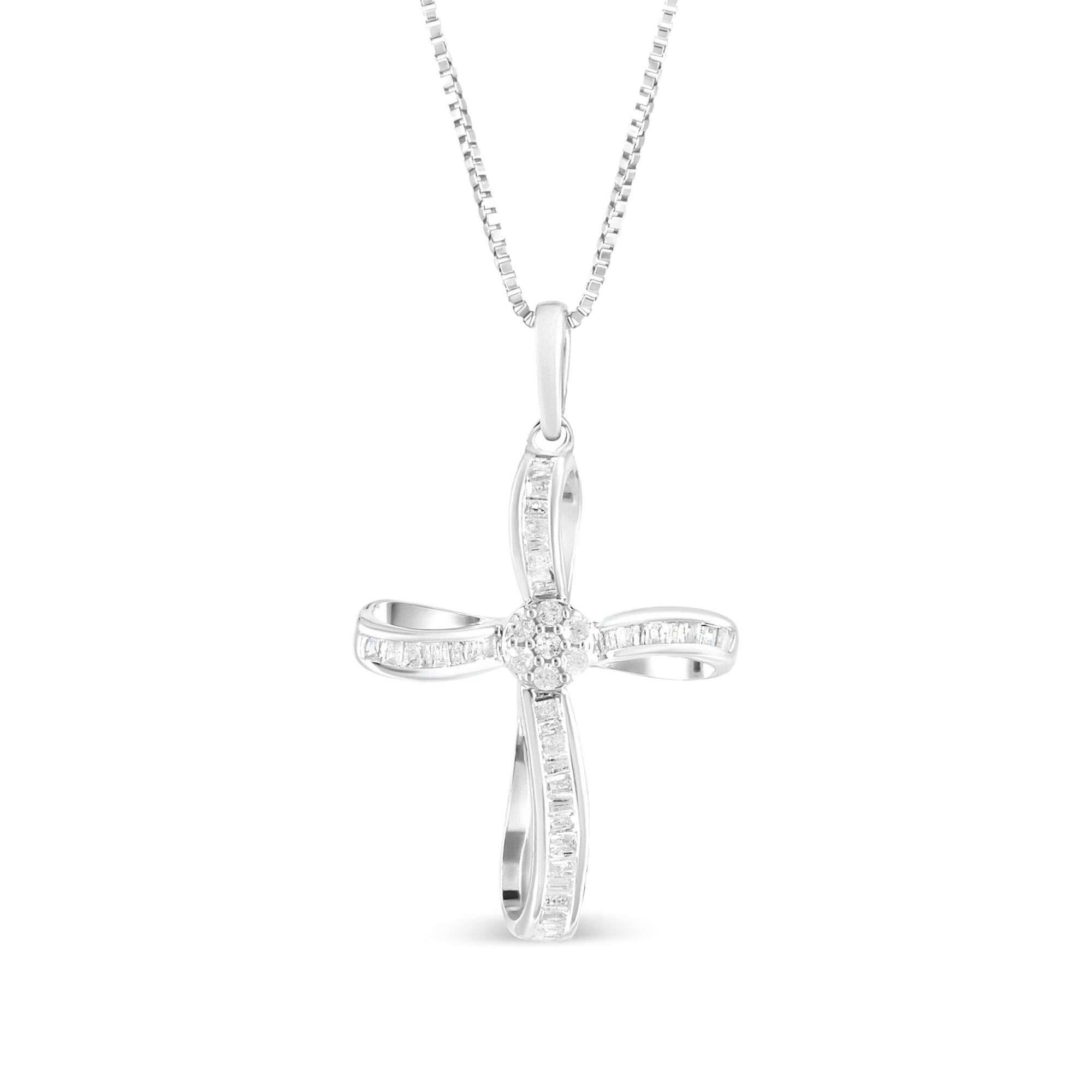 .925 Sterling Silver 1/4 Cttw Diamond Floral Cluster Cross Pendant Necklace (I-J Color, I2-I3 Clarity) - LinkagejewelrydesignLinkagejewelrydesign