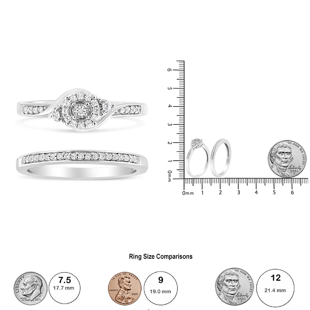 .925 Sterling Silver 1/4 Cttw Diamond Halo and Swirl Engagement Ring and Wedding Band Set (I-J Color, I3 Clarity)- Ring Size 7 - LinkagejewelrydesignLinkagejewelrydesign