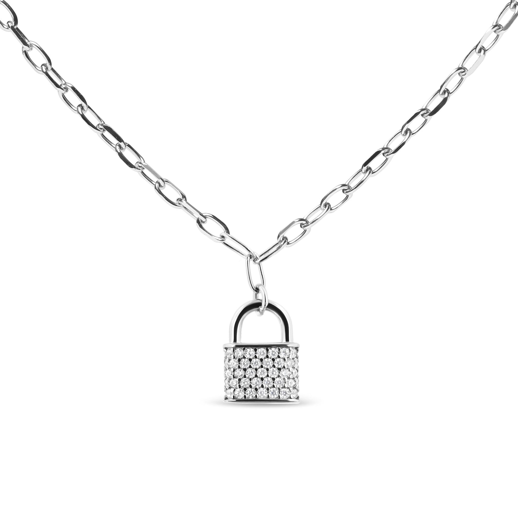 .925 Sterling Silver 1/4 Cttw Diamond Lock 18" Pendant Necklace with Paperclip Chain (H-I Color, SI2-I1 Clarity) - LinkagejewelrydesignLinkagejewelrydesign