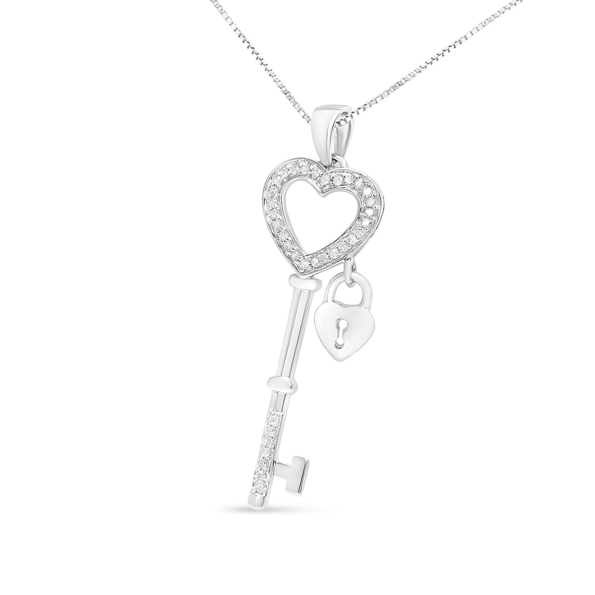 .925 Sterling Silver 1/4 Cttw Diamond Lock &amp; Key heart 18&quot; Pendant Necklace (I-J Color, I3 Clarity) - LinkagejewelrydesignLinkagejewelrydesign