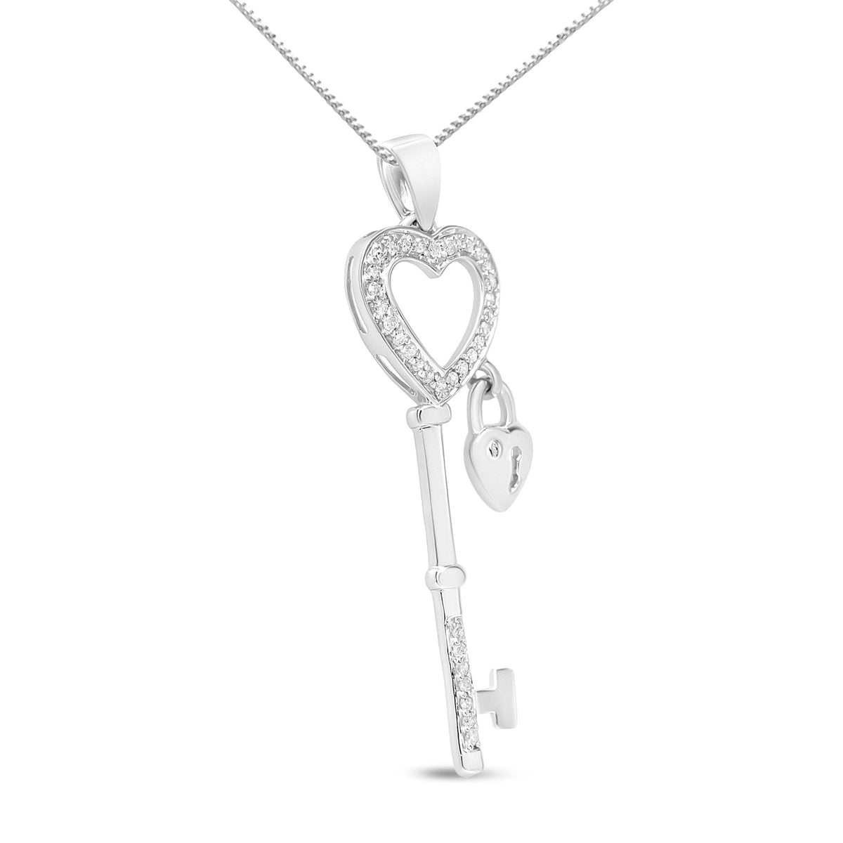 .925 Sterling Silver 1/4 Cttw Diamond Lock &amp; Key heart 18&quot; Pendant Necklace (I-J Color, I3 Clarity) - LinkagejewelrydesignLinkagejewelrydesign