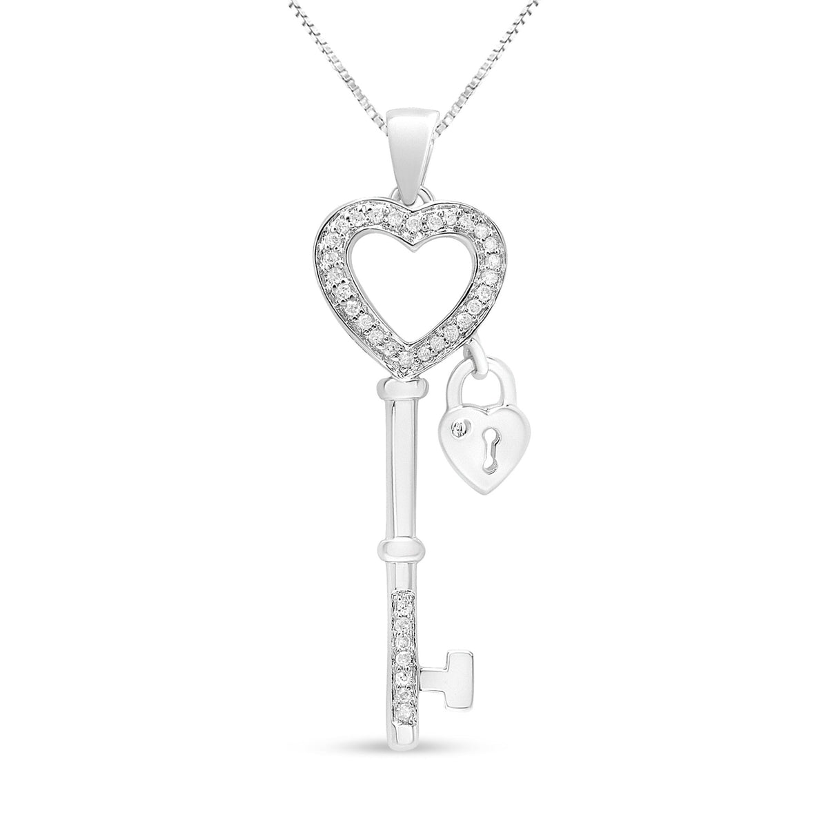 .925 Sterling Silver 1/4 Cttw Diamond Lock &amp; Key heart 18&quot; Pendant Necklace (I-J Color, I3 Clarity) - LinkagejewelrydesignLinkagejewelrydesign