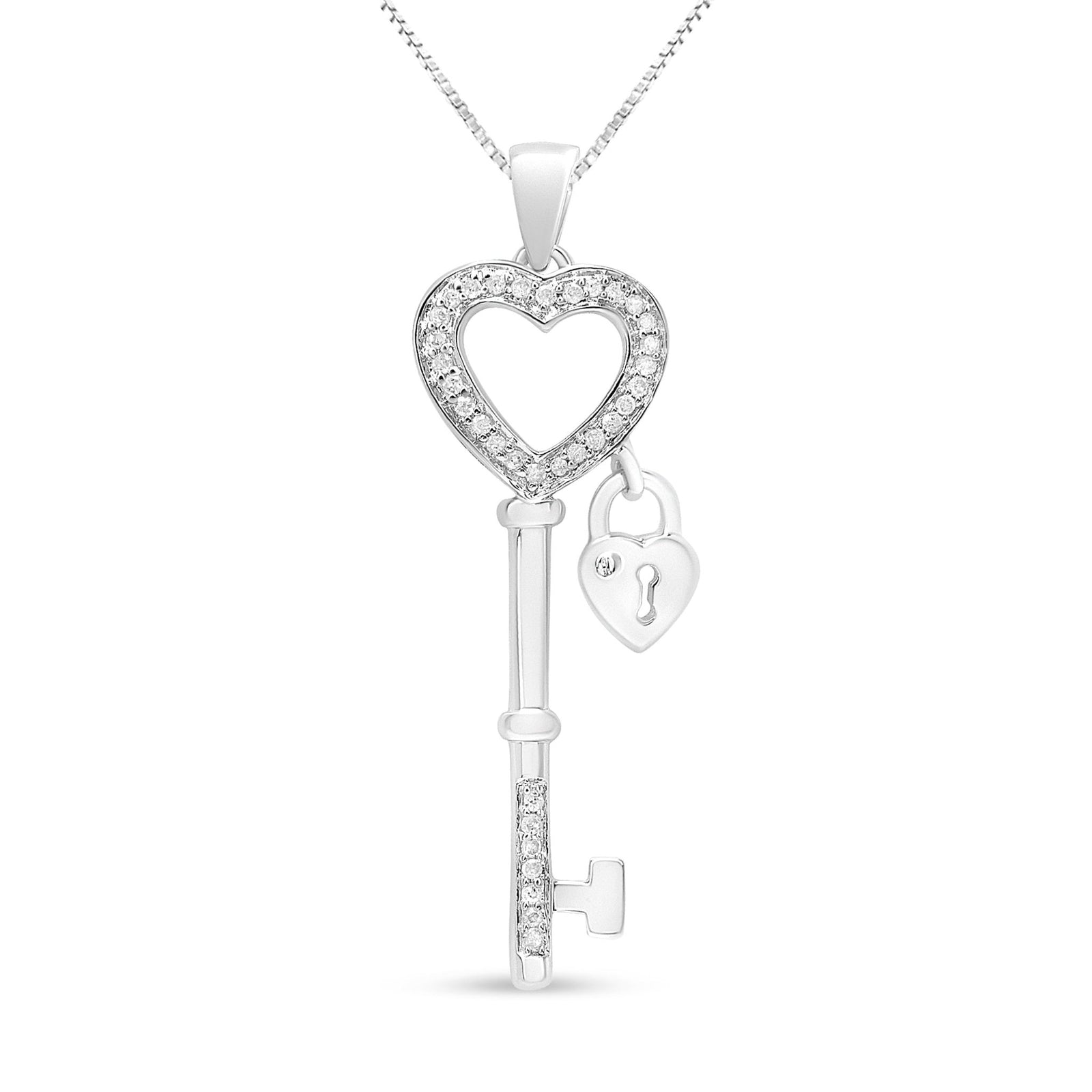 .925 Sterling Silver 1/4 Cttw Diamond Lock & Key heart 18" Pendant Necklace (I-J Color, I3 Clarity) - LinkagejewelrydesignLinkagejewelrydesign