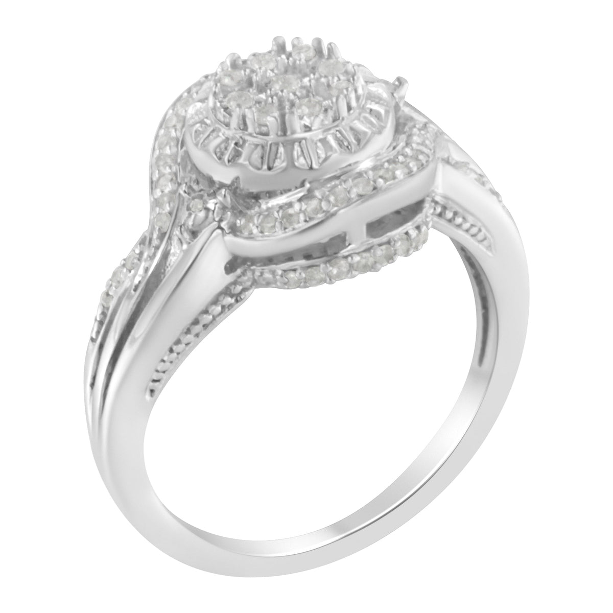.925 Sterling Silver 1/4 Cttw Diamond Round Cluster Miracle-Plate Halo Split Shank Band Cocktail Engagement Ring (I-J Color, I3 Clarity) - Size 7 - LinkagejewelrydesignLinkagejewelrydesign