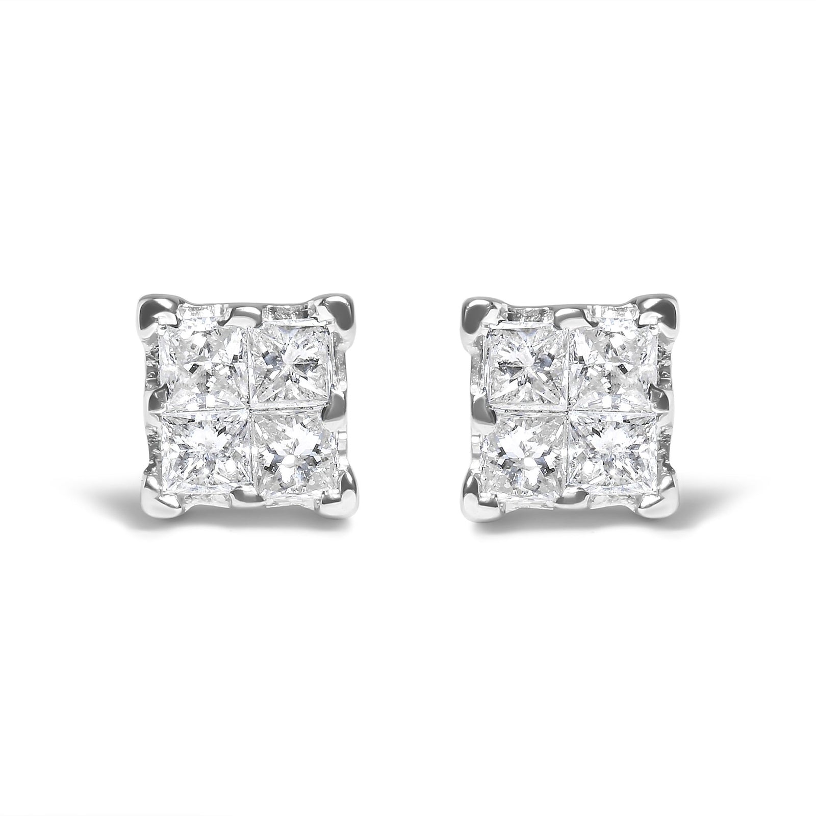 .925 Sterling Silver 1/4 Cttw Invisible Set Princess Diamond Composite Quad Stud Earrings (I-J Color, I1-I2 Clarity) - LinkagejewelrydesignLinkagejewelrydesign