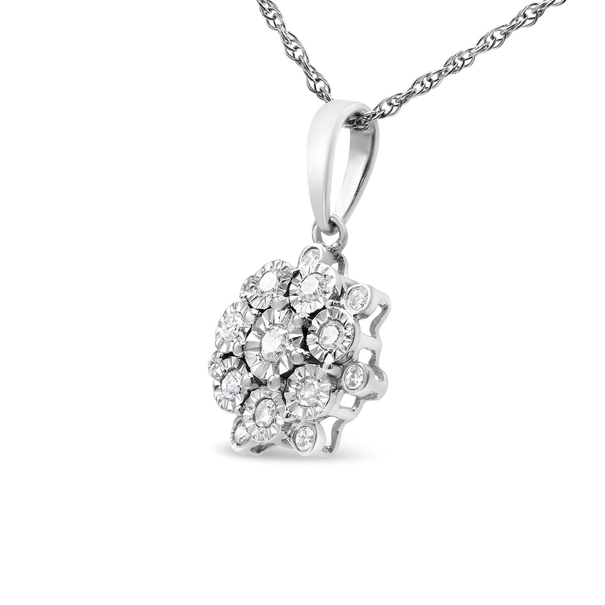 .925 Sterling Silver 1/4 Cttw Miracle Set Diamond Floral Cluster 18&quot; Pendant Necklace for Women (I-J Color, I1-I2 Clarity) - LinkagejewelrydesignLinkagejewelrydesign