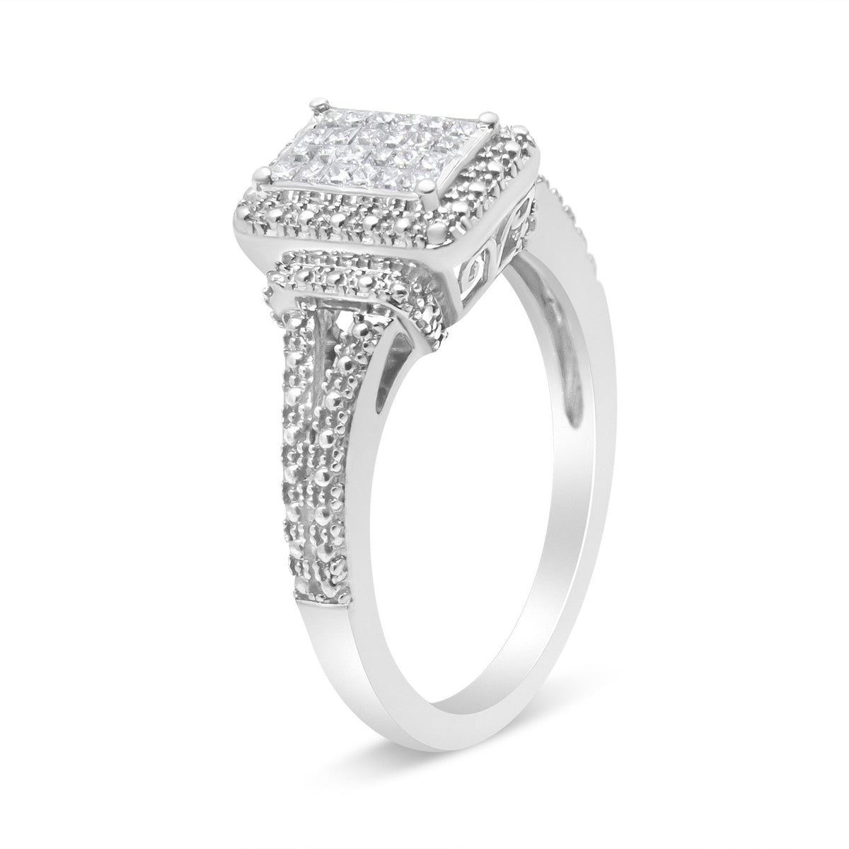 .925 Sterling Silver 1/4 Cttw Princess-cut Diamond Composite Engagement Ring with Beaded Shank (H-I Color, SI1-SI2 Clarity) - Ring Size 7 - LinkagejewelrydesignLinkagejewelrydesign