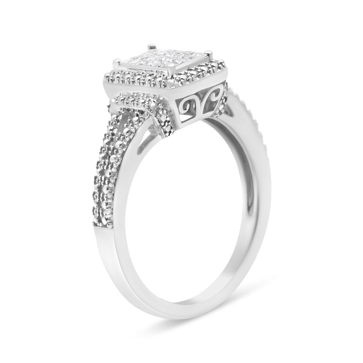 .925 Sterling Silver 1/4 Cttw Princess-cut Diamond Composite Engagement Ring with Beaded Shank (H-I Color, SI1-SI2 Clarity) - Ring Size 7 - LinkagejewelrydesignLinkagejewelrydesign