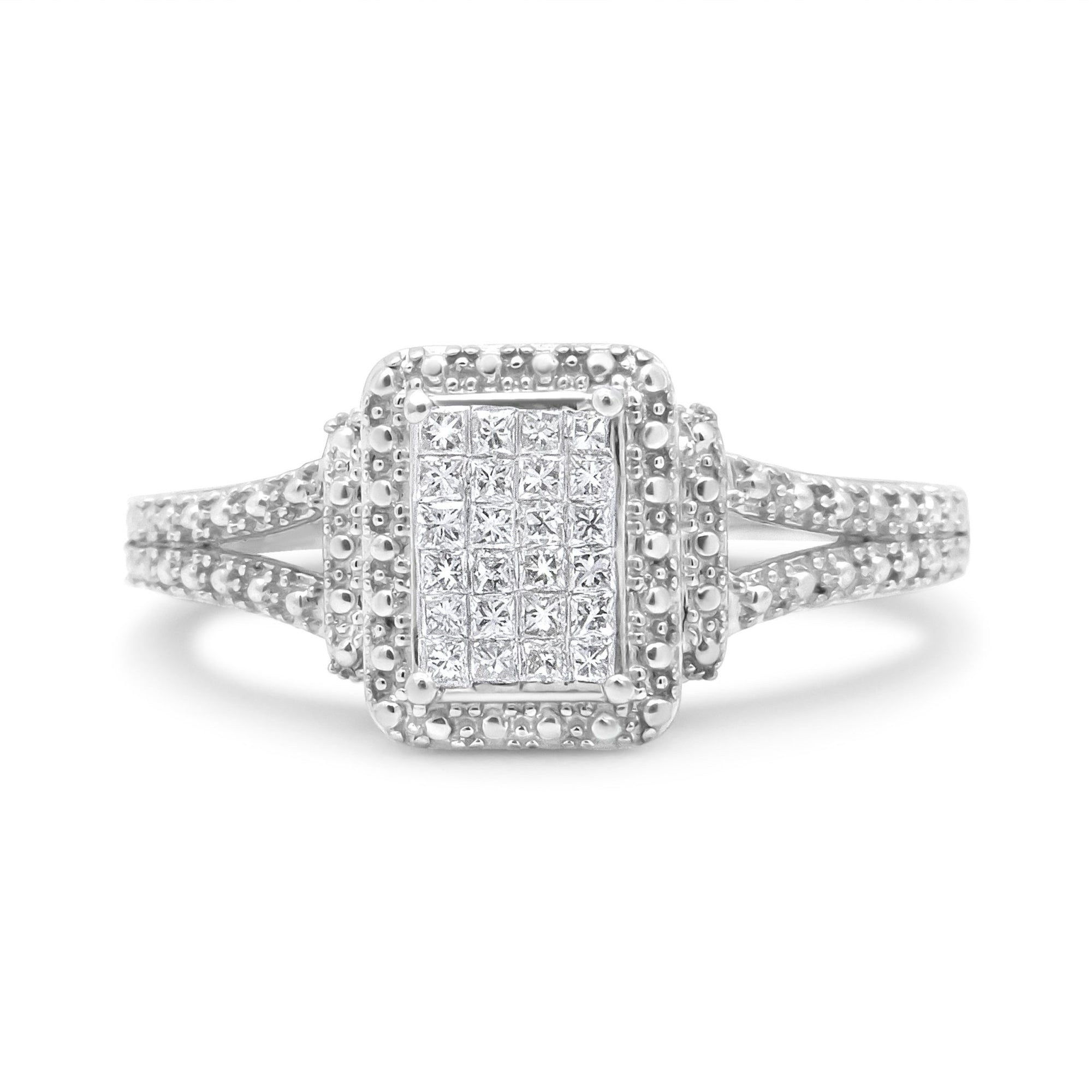.925 Sterling Silver 1/4 Cttw Princess-cut Diamond Composite Engagement Ring with Beaded Shank (H-I Color, SI1-SI2 Clarity) - Ring Size 7 - LinkagejewelrydesignLinkagejewelrydesign