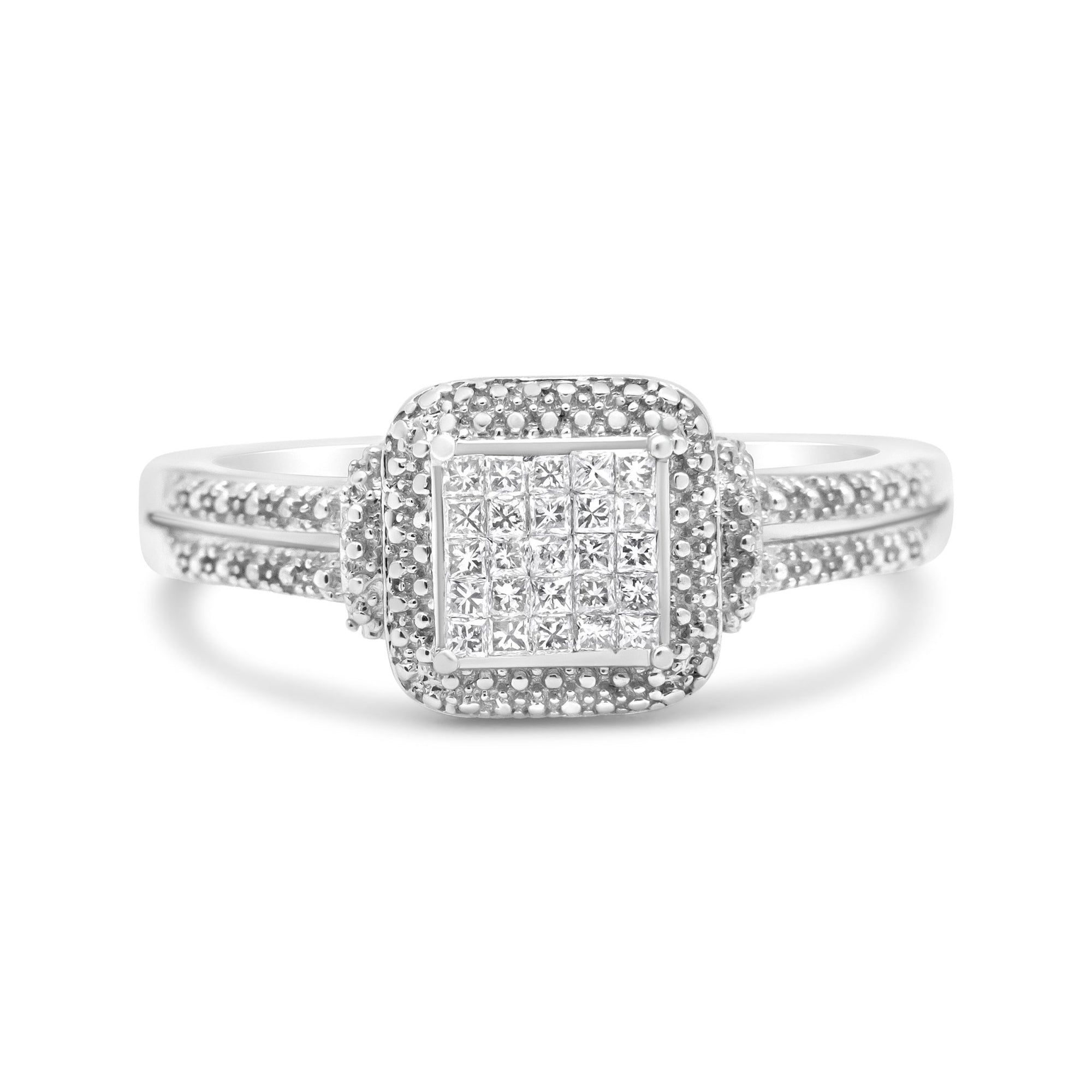 .925 Sterling Silver 1/4 Cttw Princess-cut Diamond Composite Ring with Beaded Halo (H-I Color, SI1-SI2 Clarity) - Size 7 - LinkagejewelrydesignLinkagejewelrydesign