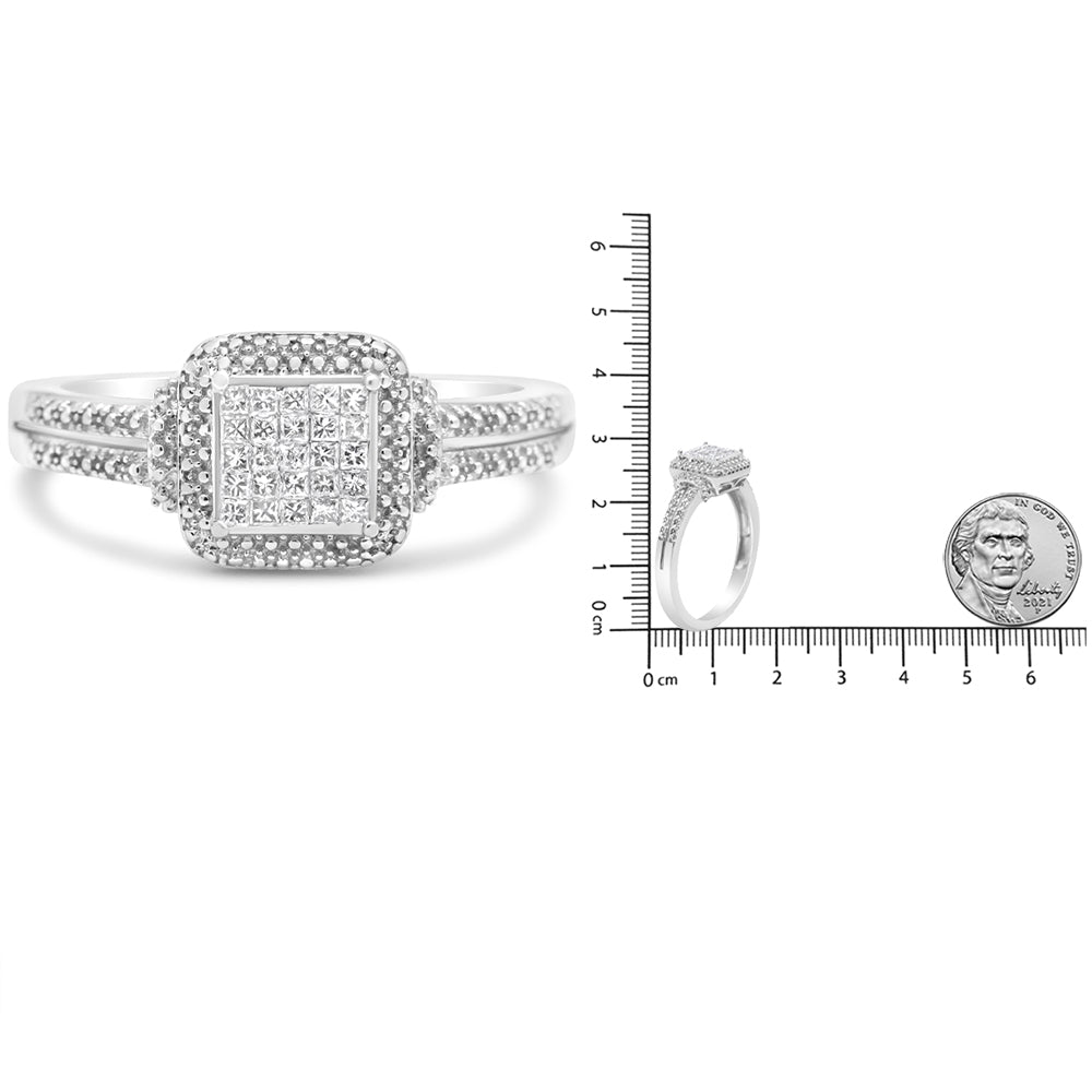 .925 Sterling Silver 1/4 Cttw Princess-cut Diamond Composite Ring with Beaded Halo (H-I Color, SI1-SI2 Clarity) - Size 7 - LinkagejewelrydesignLinkagejewelrydesign