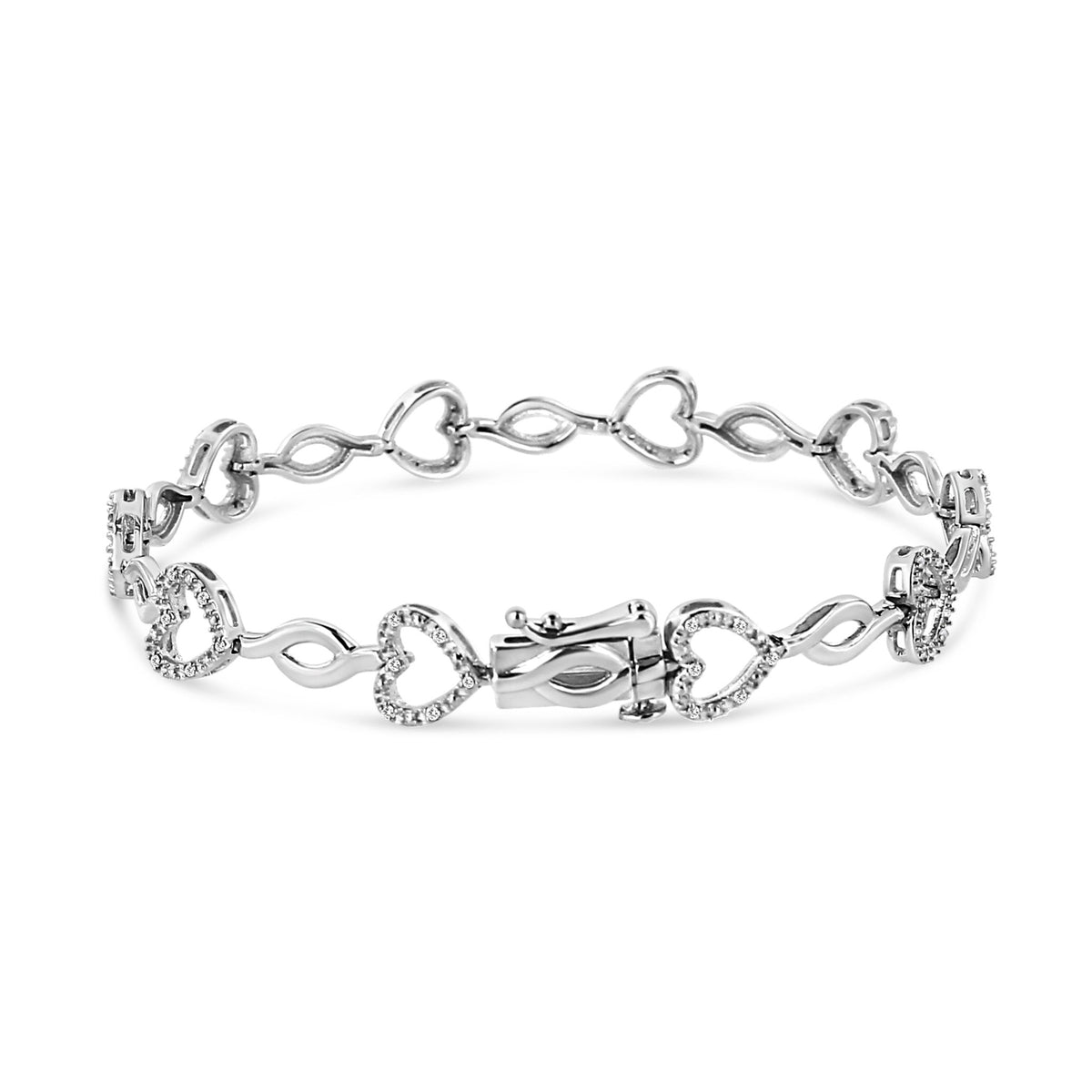 .925 Sterling Silver 1/4 Cttw Round-Cut Diamond Alternating Heart and Leaf Link Bracelet (I-J Color, I3 Clarity) - Size 7.25&quot; - LinkagejewelrydesignLinkagejewelrydesign