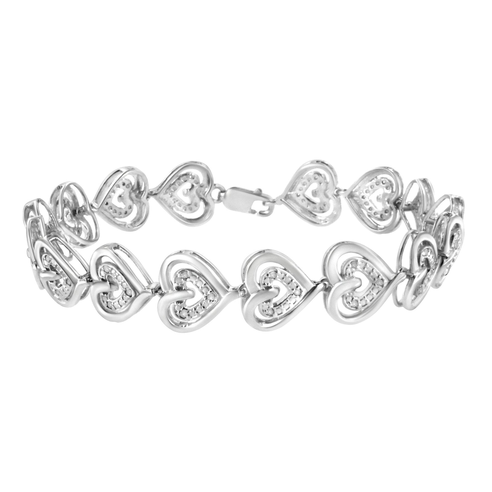 .925 Sterling Silver 1/4 Cttw Round-Cut Diamond Double Heart Link Bracelet (I-J Color, I2-I3 Clarity) - 7.25" Inches - LinkagejewelrydesignLinkagejewelrydesign