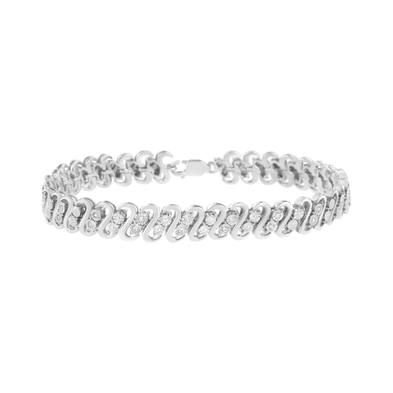 .925 Sterling Silver 1/4 cttw Round-Cut Diamond Double Row Wrapped S-Link Bracelet (I-J Color, I2-I3 Clarity) - Size 7.25" - LinkagejewelrydesignLinkagejewelrydesign