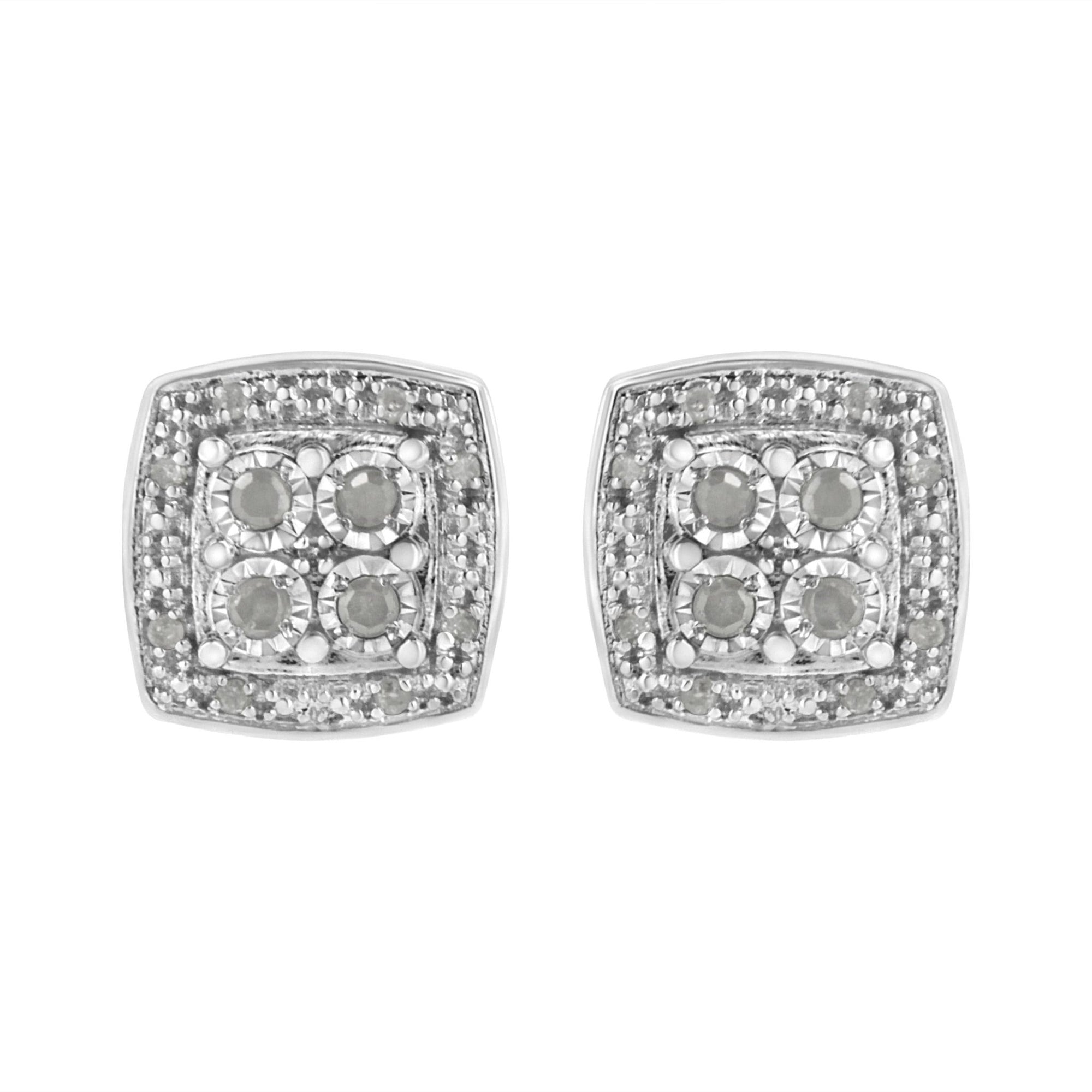 .925 Sterling Silver 1/4 cttw Round Cut Diamond Square Shape Milgrain Stud Earrings (I-J Color, I3 Clarity) - LinkagejewelrydesignLinkagejewelrydesign