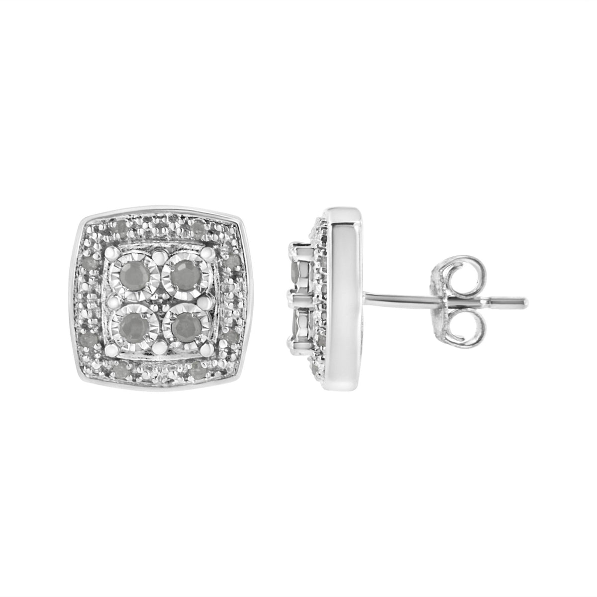 .925 Sterling Silver 1/4 cttw Round Cut Diamond Square Shape Milgrain Stud Earrings (I-J Color, I3 Clarity) - LinkagejewelrydesignLinkagejewelrydesign