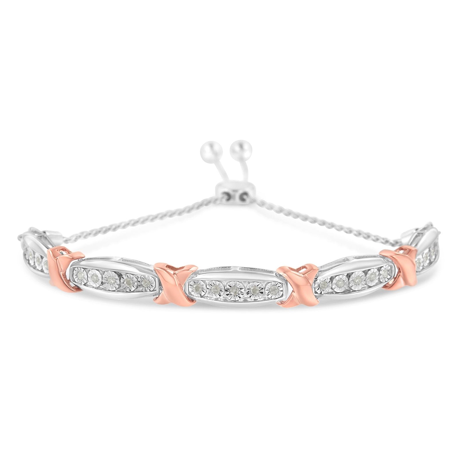 .925 Sterling Silver 1/4 Cttw Round-Cut Diamond X & Tapered Bar Miracle-Set Bolo Bracelet (I-J Color, I3 Clarity) - Two Tone Rose Gold & Silver - LinkagejewelrydesignLinkagejewelrydesign