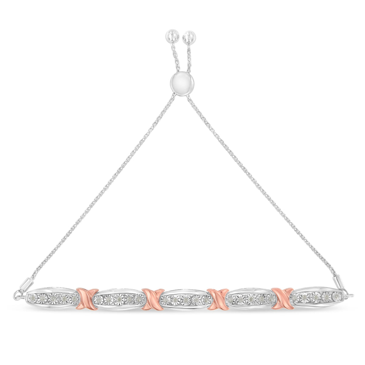 .925 Sterling Silver 1/4 Cttw Round-Cut Diamond X &amp; Tapered Bar Miracle-Set Bolo Bracelet (I-J Color, I3 Clarity) - Two Tone Rose Gold &amp; Silver - LinkagejewelrydesignLinkagejewelrydesign