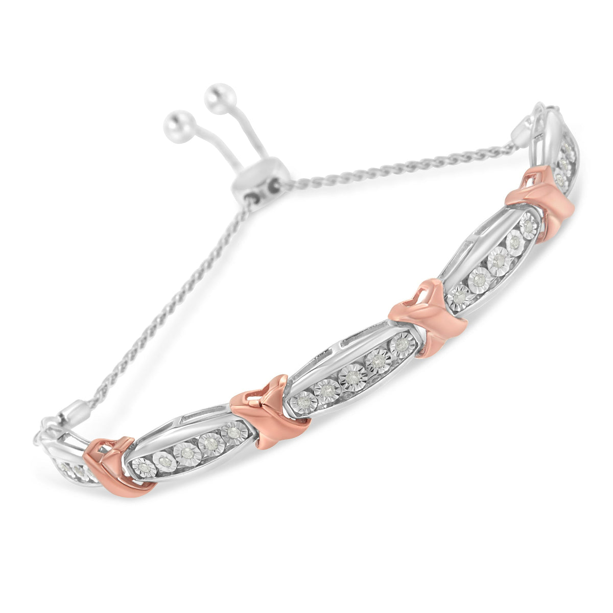 .925 Sterling Silver 1/4 Cttw Round-Cut Diamond X &amp; Tapered Bar Miracle-Set Bolo Bracelet (I-J Color, I3 Clarity) - Two Tone Rose Gold &amp; Silver - LinkagejewelrydesignLinkagejewelrydesign