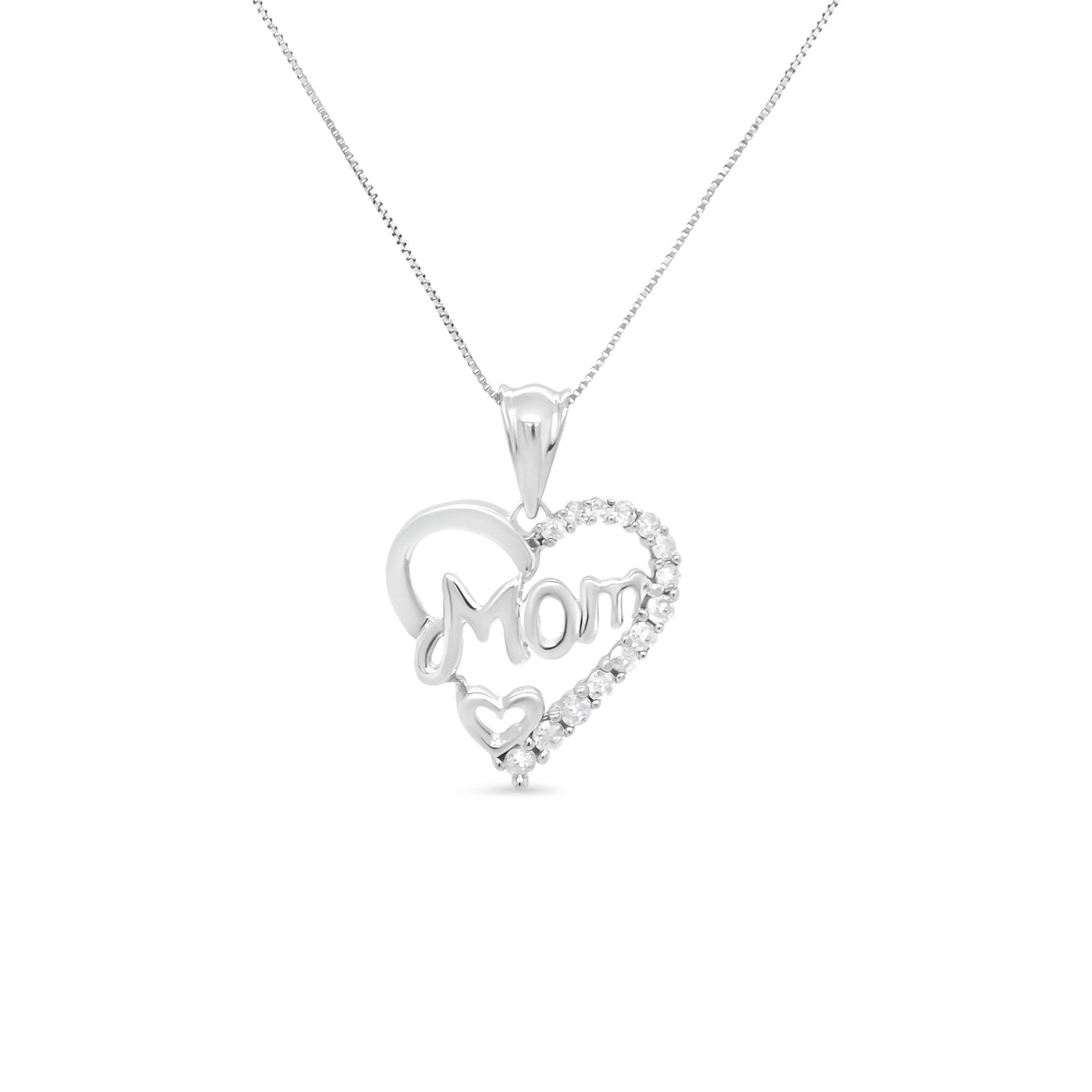 .925 Sterling Silver 1/4 Cttw Round Diamond "Mom" Openwork Heart Pendant 18" Necklace (I-J Color, I2-I3 Clarity) - LinkagejewelrydesignLinkagejewelrydesign