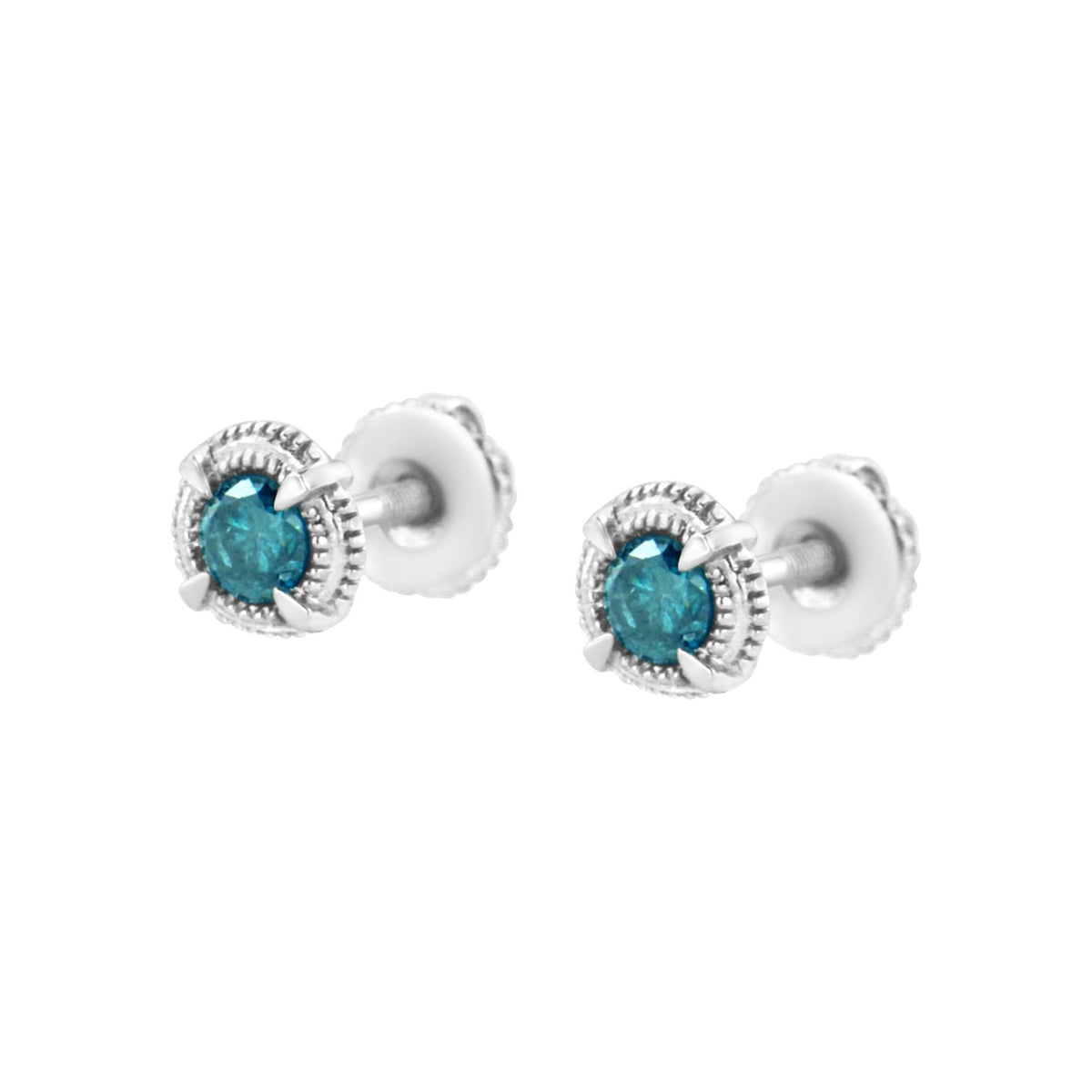 .925 Sterling Silver 1/4 cttw Treated Blue Diamond Modern 4-Prong Solitaire Milgrain Stud Earrings (Blue Color, I1-I2 Clarity) - LinkagejewelrydesignLinkagejewelrydesign