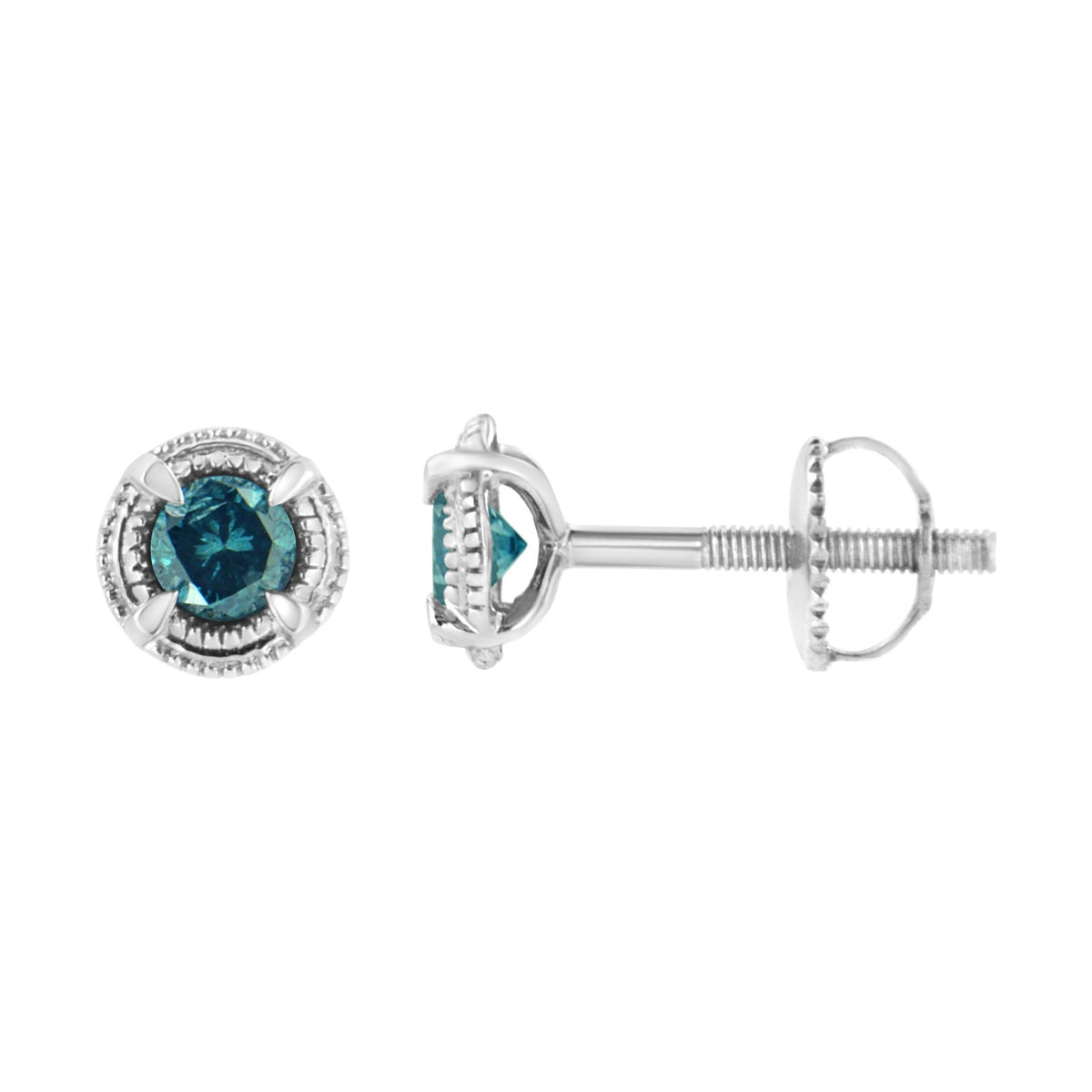 .925 Sterling Silver 1/4 cttw Treated Blue Diamond Modern 4-Prong Solitaire Milgrain Stud Earrings (Blue Color, I1-I2 Clarity) - LinkagejewelrydesignLinkagejewelrydesign