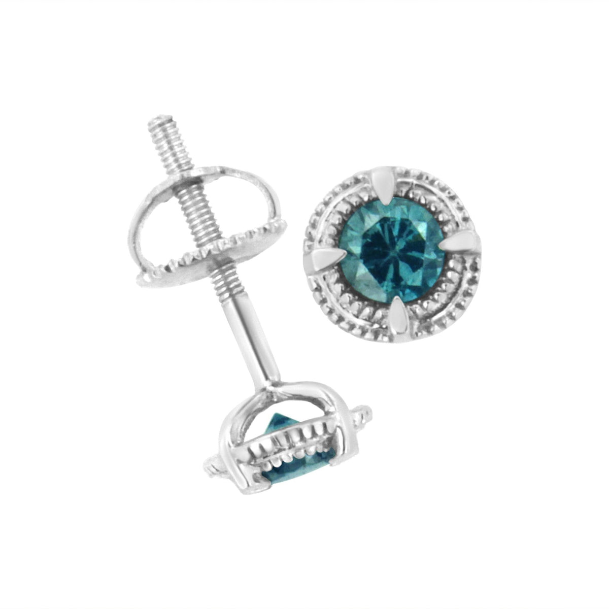 .925 Sterling Silver 1/4 cttw Treated Blue Diamond Modern 4-Prong Solitaire Milgrain Stud Earrings (Blue Color, I1-I2 Clarity) - LinkagejewelrydesignLinkagejewelrydesign