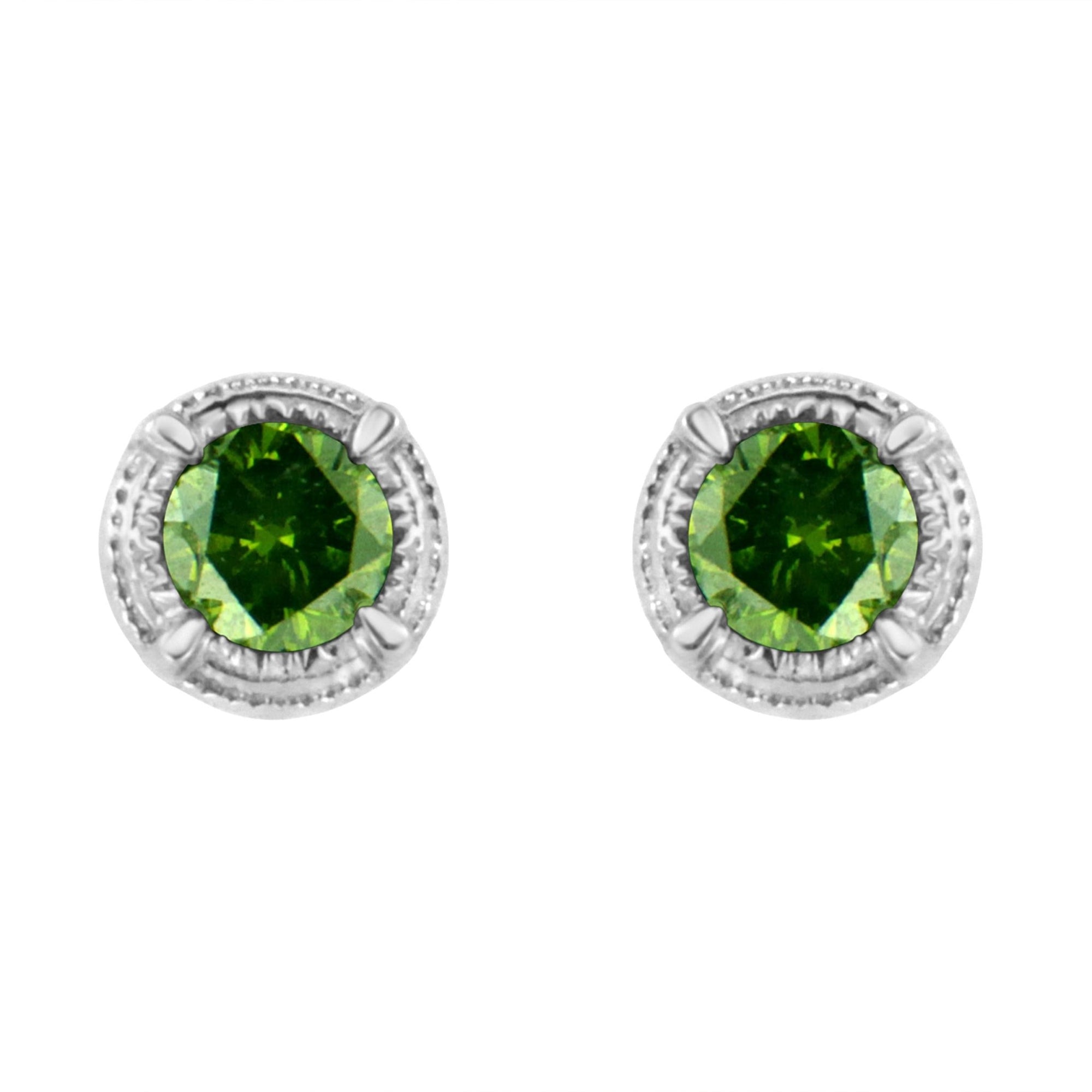 .925 Sterling Silver 1/4 cttw Treated Green Diamond Modern 4-Prong Solitaire Milgrain Stud Earrings (Green Color, I1-I2 Clarity) - LinkagejewelrydesignLinkagejewelrydesign