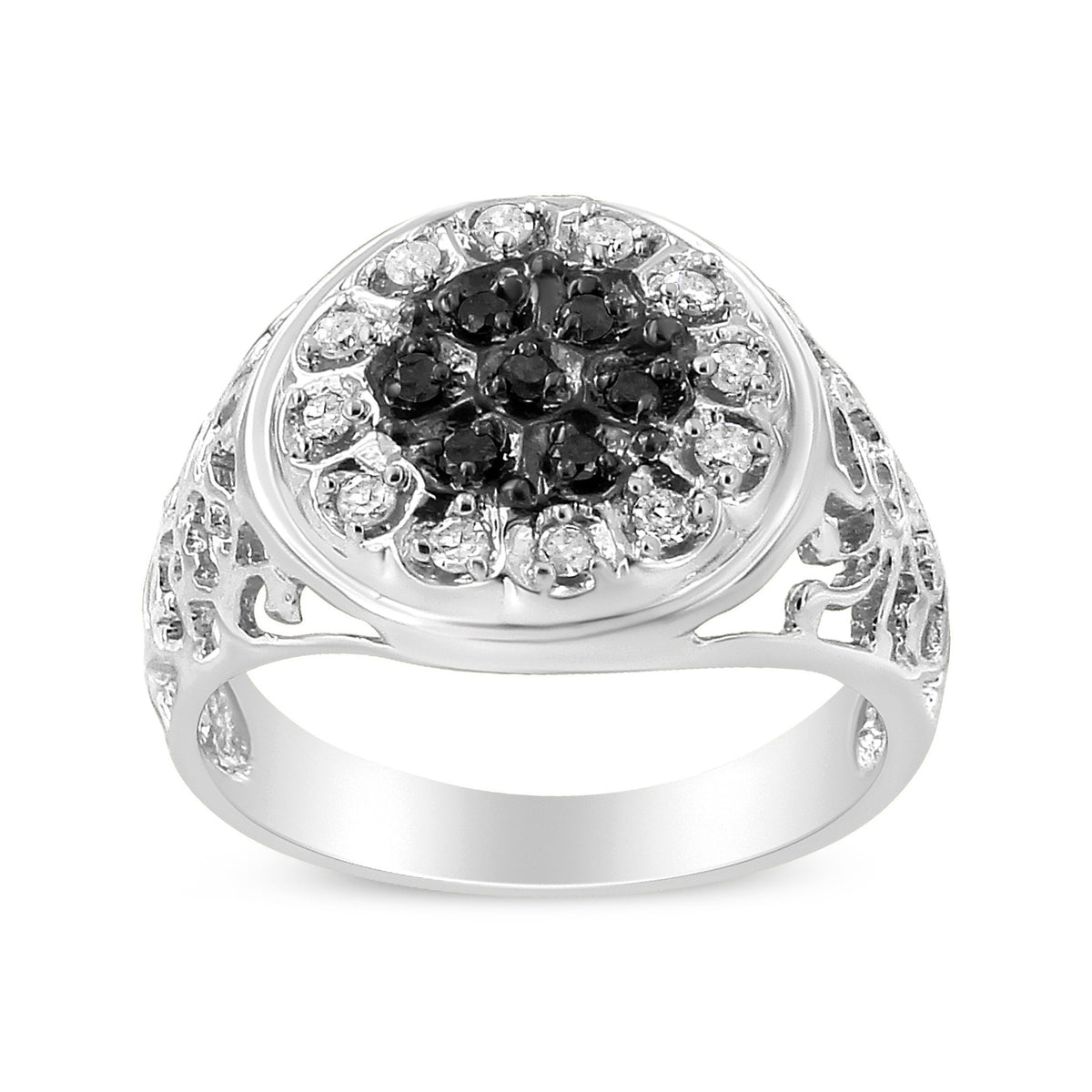 .925 Sterling Silver 1/4 Cttw White and Black Treated Diamond Halo Cluster Ring for Men (I-J Color, I3 Clarity) - Size 10 - LinkagejewelrydesignLinkagejewelrydesign