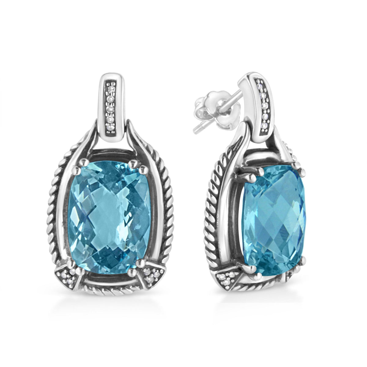 .925 Sterling Silver 14x10MM Cushion Cut Blue Topaz Gemstone and Diamond Accent Dangle Earring (I-J Color, I1-I2 Clarity) - LinkagejewelrydesignLinkagejewelrydesign