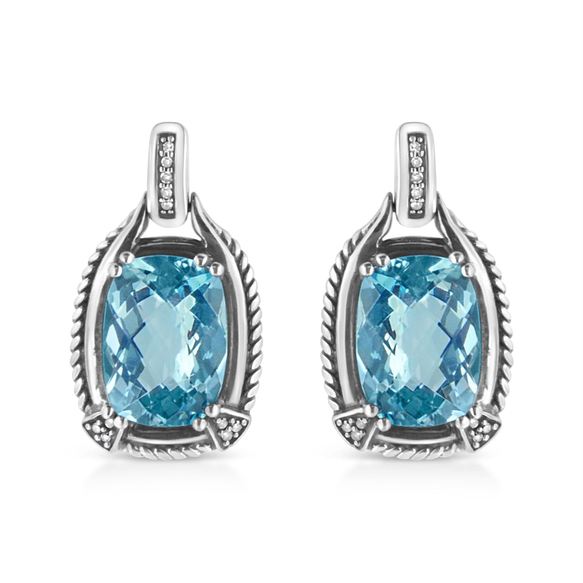 .925 Sterling Silver 14x10MM Cushion Cut Blue Topaz Gemstone and Diamond Accent Dangle Earring (I-J Color, I1-I2 Clarity) - LinkagejewelrydesignLinkagejewelrydesign