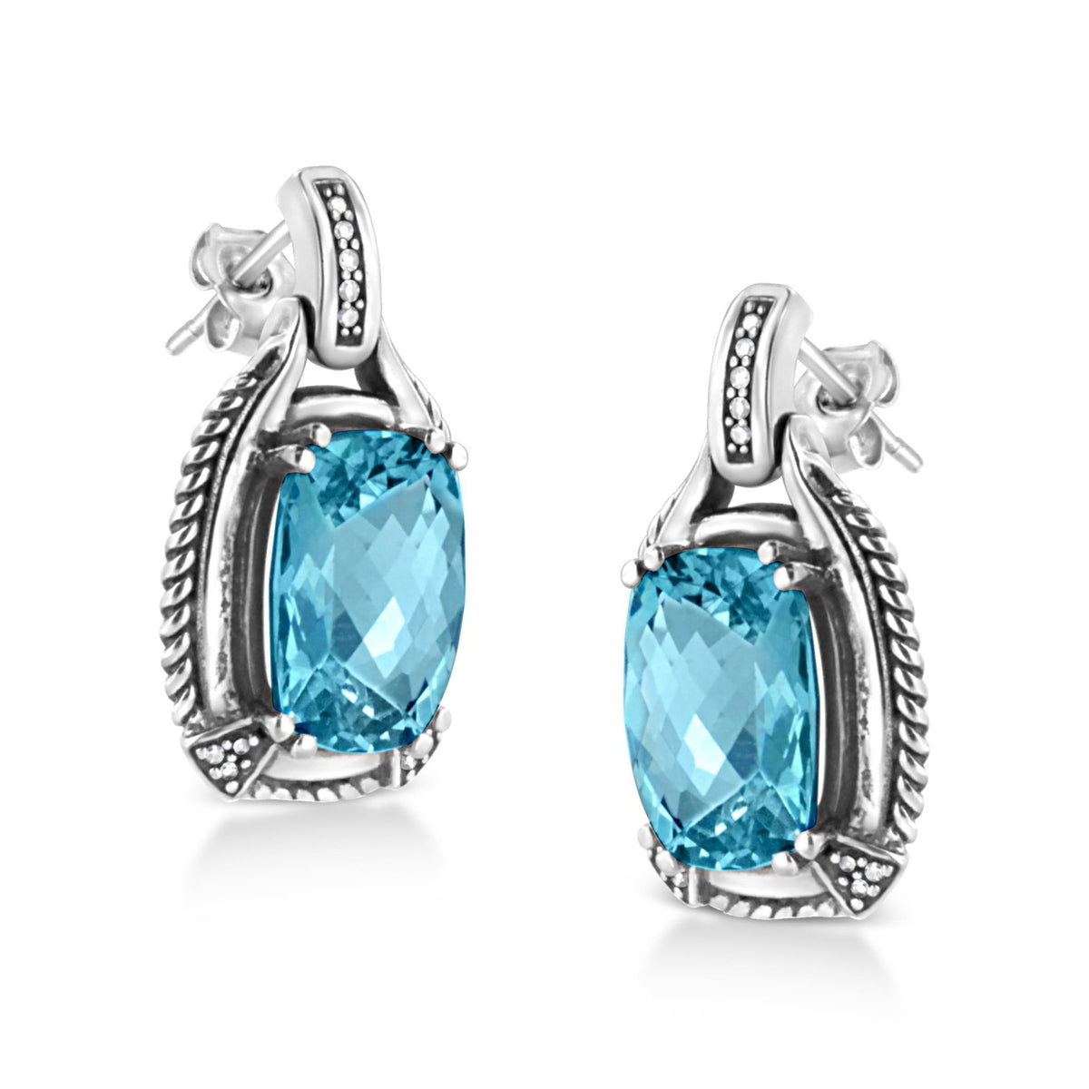 .925 Sterling Silver 14x10MM Cushion Cut Blue Topaz Gemstone and Diamond Accent Dangle Earring (I-J Color, I1-I2 Clarity) - LinkagejewelrydesignLinkagejewelrydesign