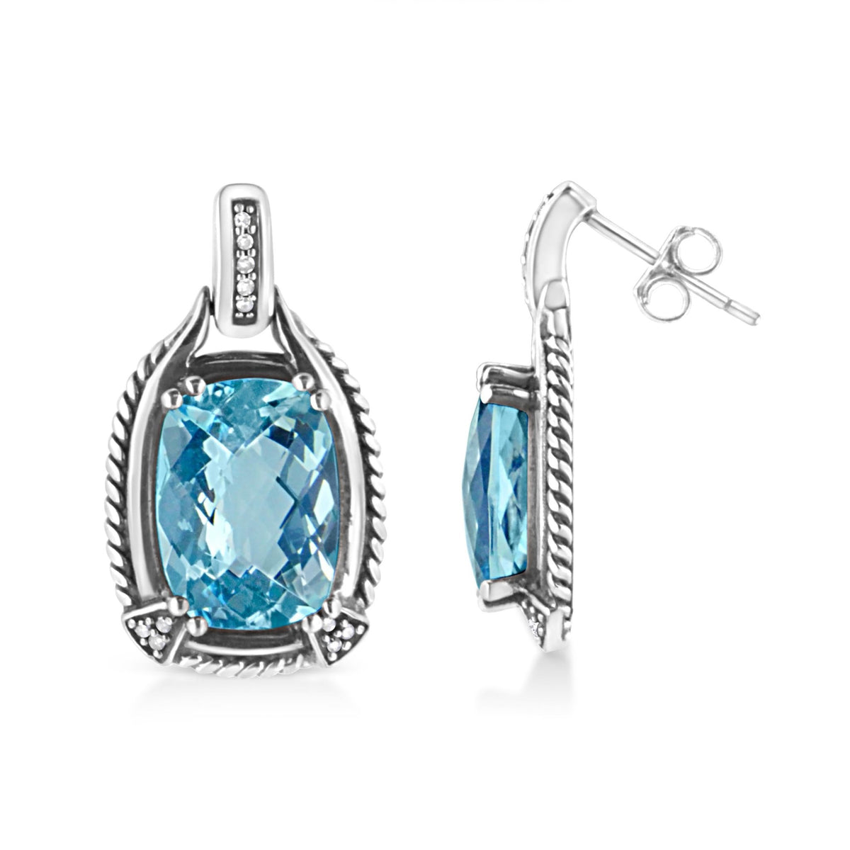 .925 Sterling Silver 14x10MM Cushion Cut Blue Topaz Gemstone and Diamond Accent Dangle Earring (I-J Color, I1-I2 Clarity) - LinkagejewelrydesignLinkagejewelrydesign