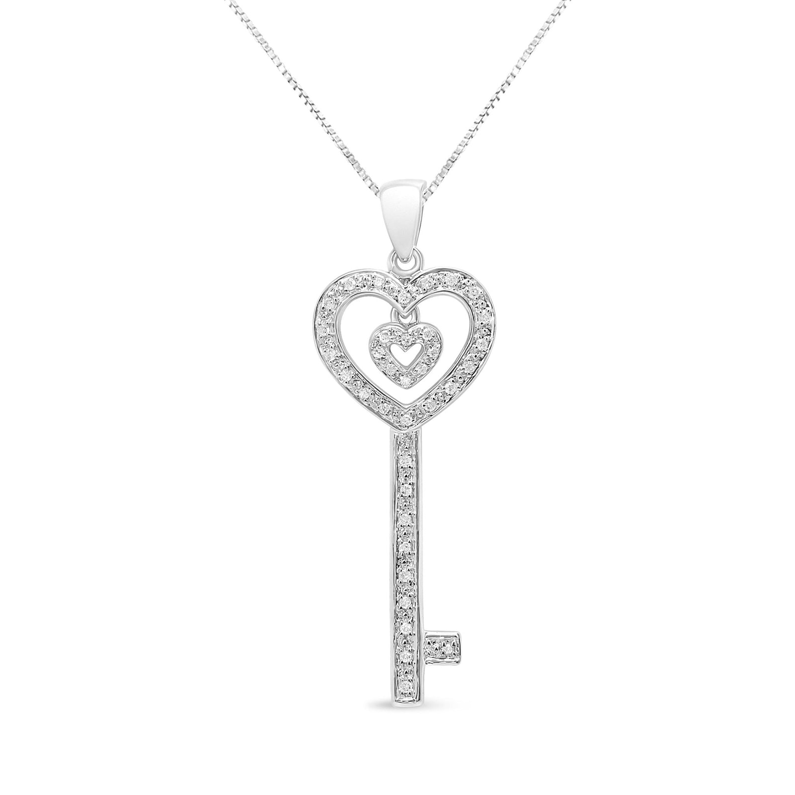 .925 Sterling Silver 1/5 Cttw Round-Cut Diamond Double Heart & Key 18" Pendant Necklace (I-J Color, I3 Clarity) - LinkagejewelrydesignLinkagejewelrydesign