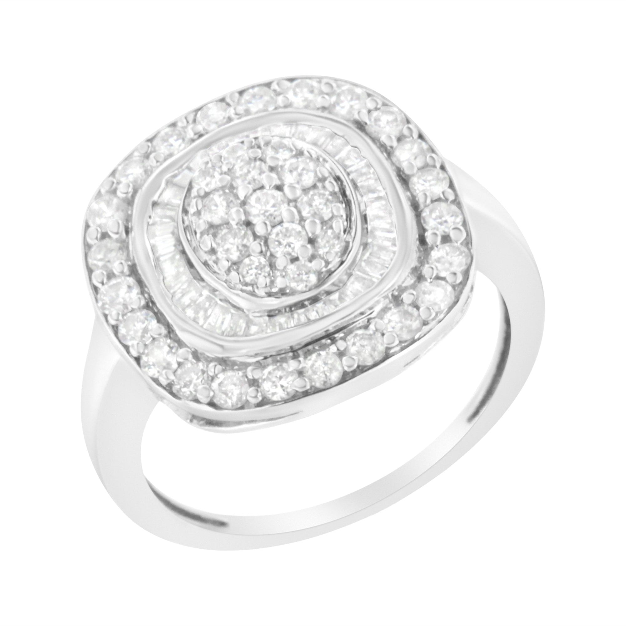 .925 Sterling Silver 1cttw Round and Baguette-Cut Diamond Square Cocktail Ring (I2-I3 Clarity, H-I Color) - Size 7 - LinkagejewelrydesignLinkagejewelrydesign