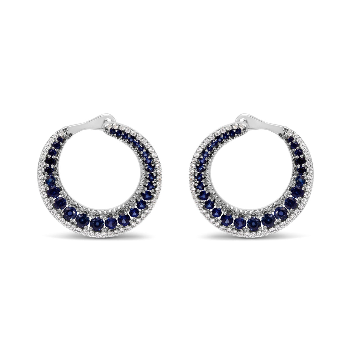 .925 Sterling Silver 2 3/4 Cttw Created Blue Sapphire Crescent Moon Disc Style Hoop Earrings - AAA Quality - LinkagejewelrydesignLinkagejewelrydesign