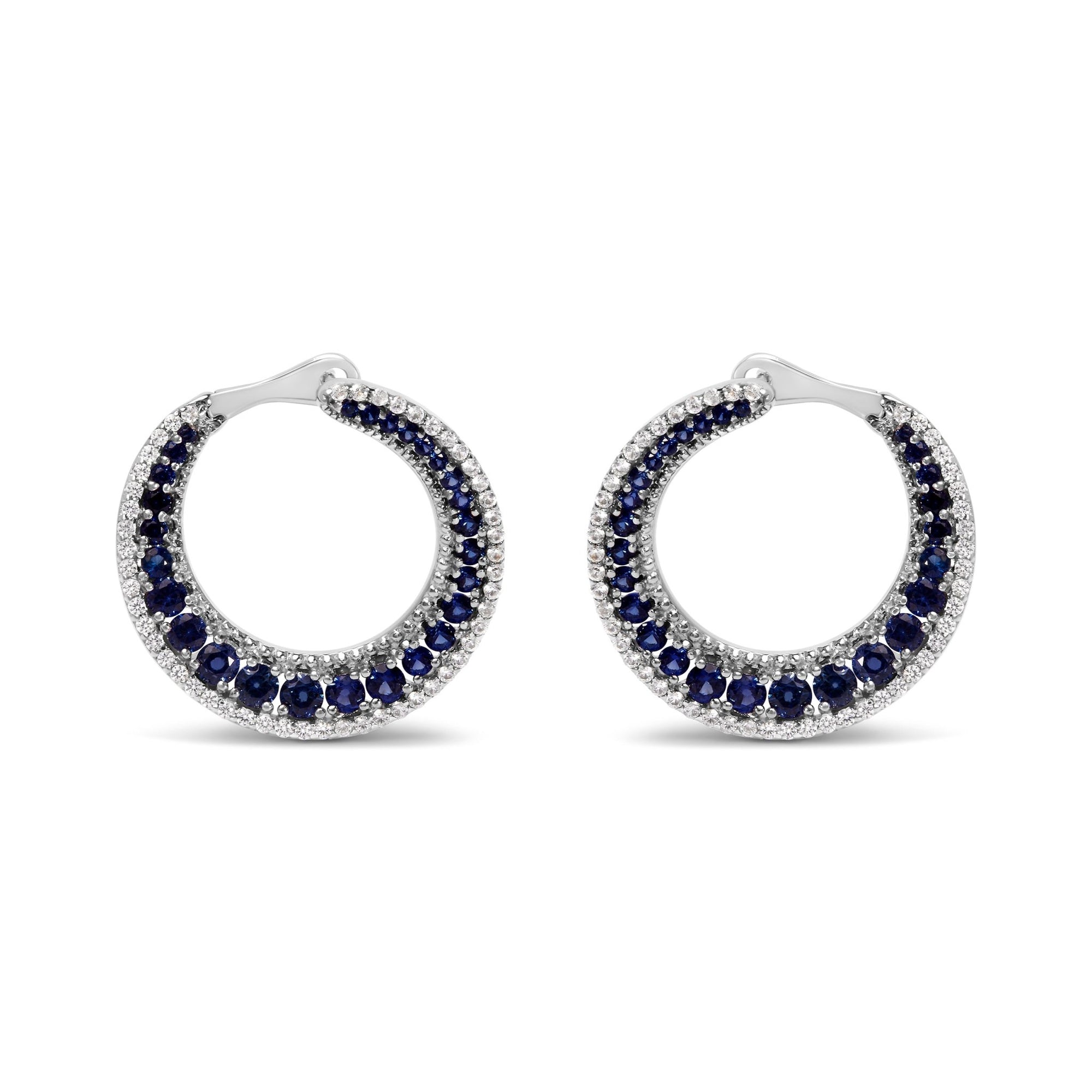 .925 Sterling Silver 2 3/4 Cttw Created Blue Sapphire Crescent Moon Disc Style Hoop Earrings - AAA Quality - LinkagejewelrydesignLinkagejewelrydesign