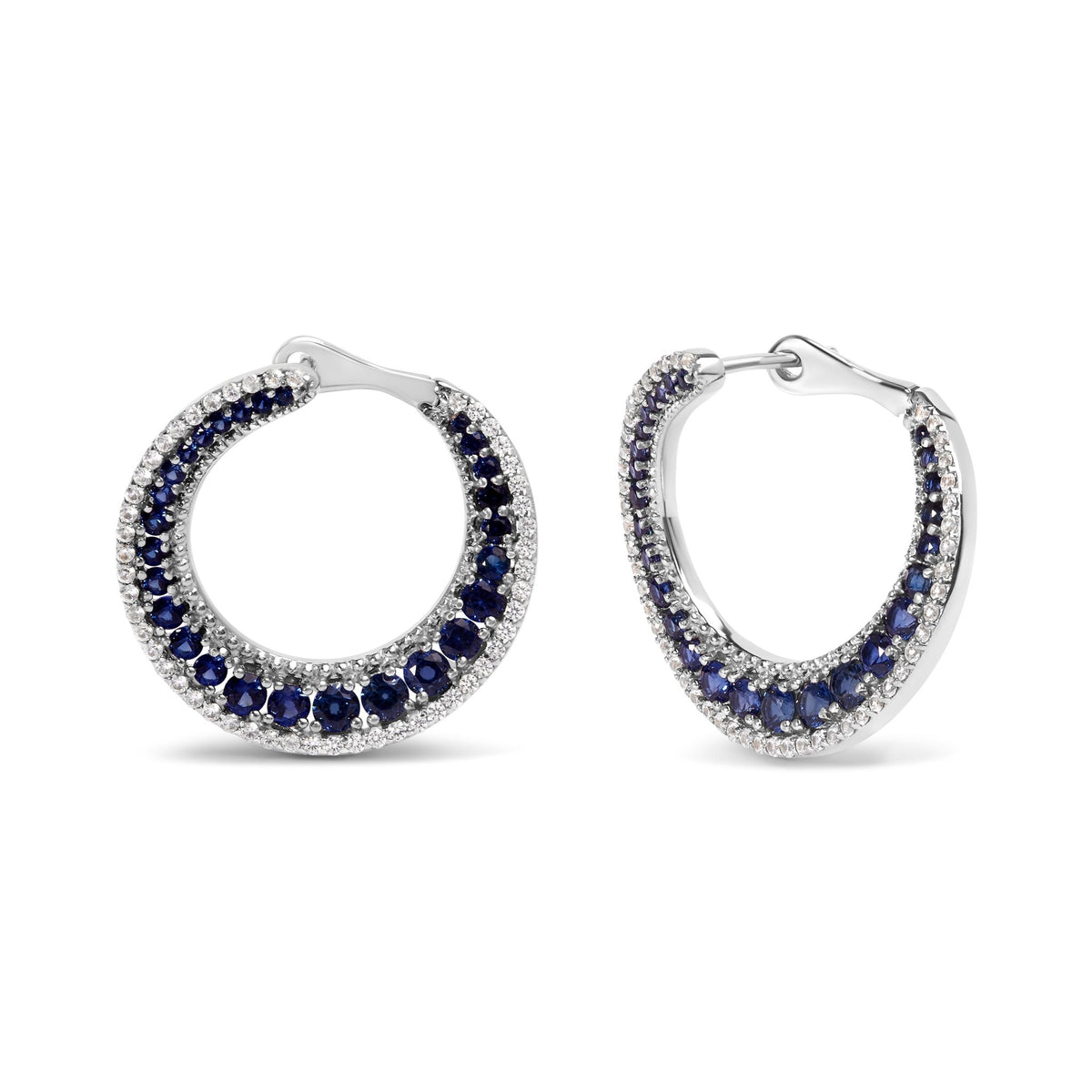 .925 Sterling Silver 2 3/4 Cttw Created Blue Sapphire Crescent Moon Disc Style Hoop Earrings - AAA Quality - LinkagejewelrydesignLinkagejewelrydesign