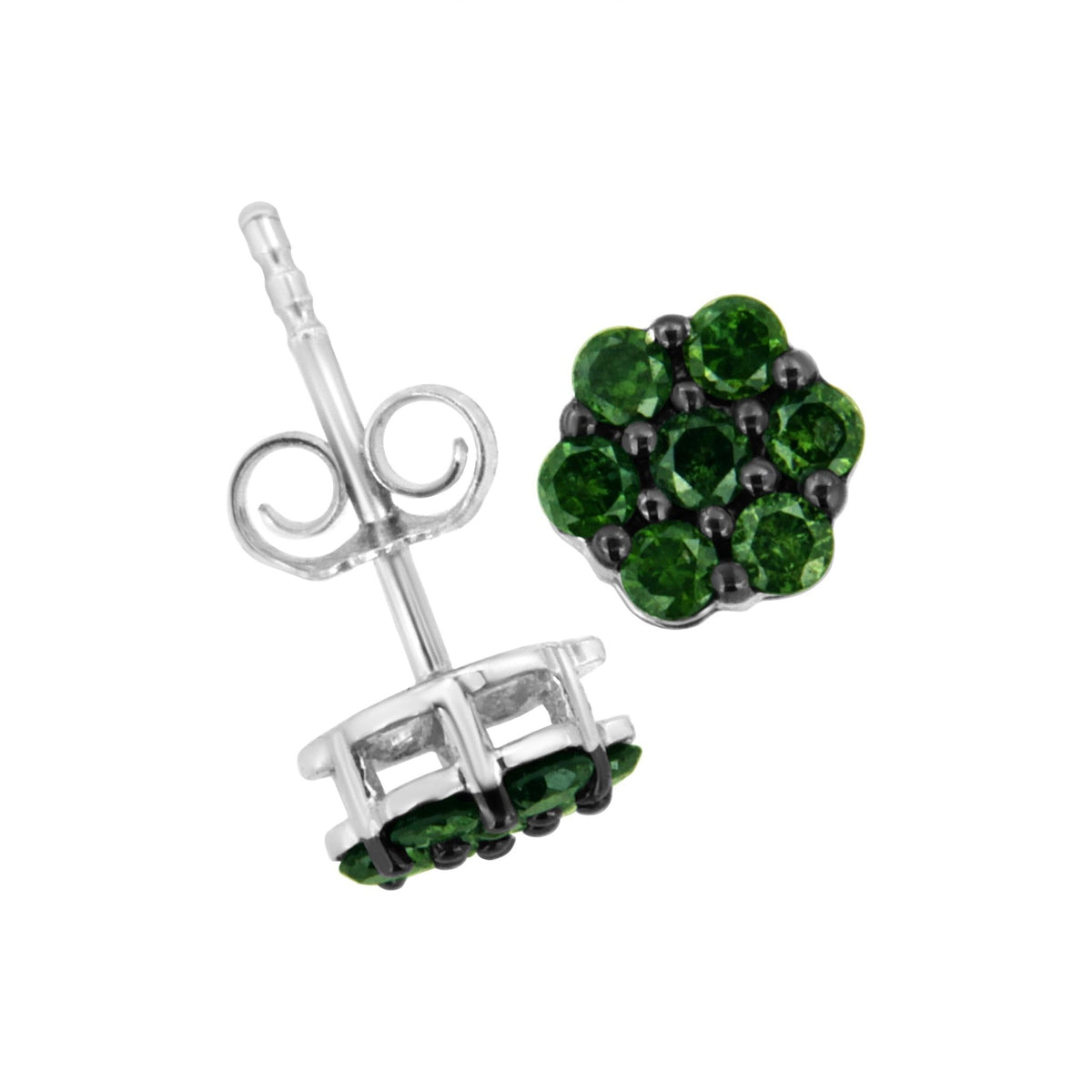 .925 Sterling Silver 2.0 Cttw Prong Set Round-Cut Treated Green Diamond Floral Cluster Stud Earring (Fancy Green Color, I1-I2 Clarity) - LinkagejewelrydesignLinkagejewelrydesign