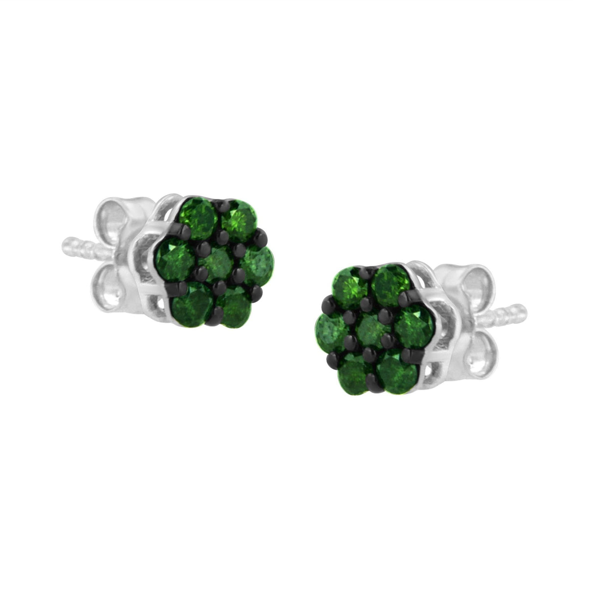 .925 Sterling Silver 2.0 Cttw Prong Set Round-Cut Treated Green Diamond Floral Cluster Stud Earring (Fancy Green Color, I1-I2 Clarity) - LinkagejewelrydesignLinkagejewelrydesign