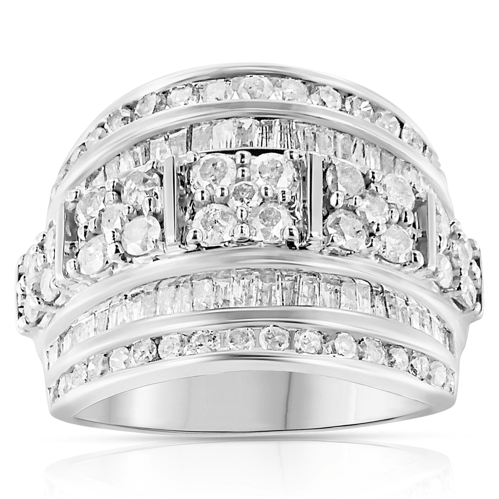 .925 Sterling Silver 2.0 Cttw Round & Baguette Cut Diamond Multi-Row Channel Set Tapered Cocktail Fashion Ring (I-J Color, I3 Clarity) - Size 7 - LinkagejewelrydesignLinkagejewelrydesign
