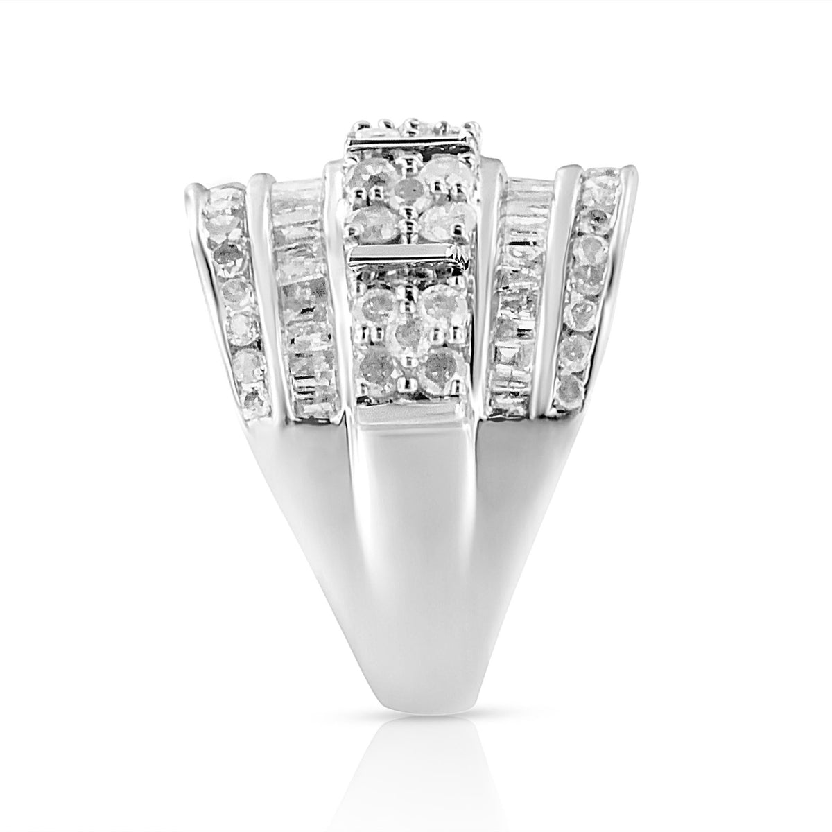 .925 Sterling Silver 2.0 Cttw Round &amp; Baguette Cut Diamond Multi-Row Channel Set Tapered Cocktail Fashion Ring (I-J Color, I3 Clarity) - Size 7 - LinkagejewelrydesignLinkagejewelrydesign