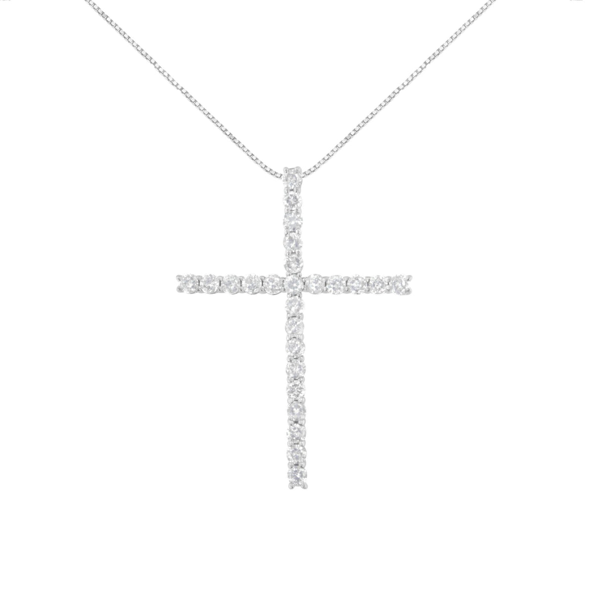 .925 Sterling Silver 2.0 Cttw Round Shape Diamond 1-1/4&quot; Cross Pendant with Box Chain Necklace (I-J Color, I1-I2 Clarity) - 18&quot; - LinkagejewelrydesignLinkagejewelrydesign