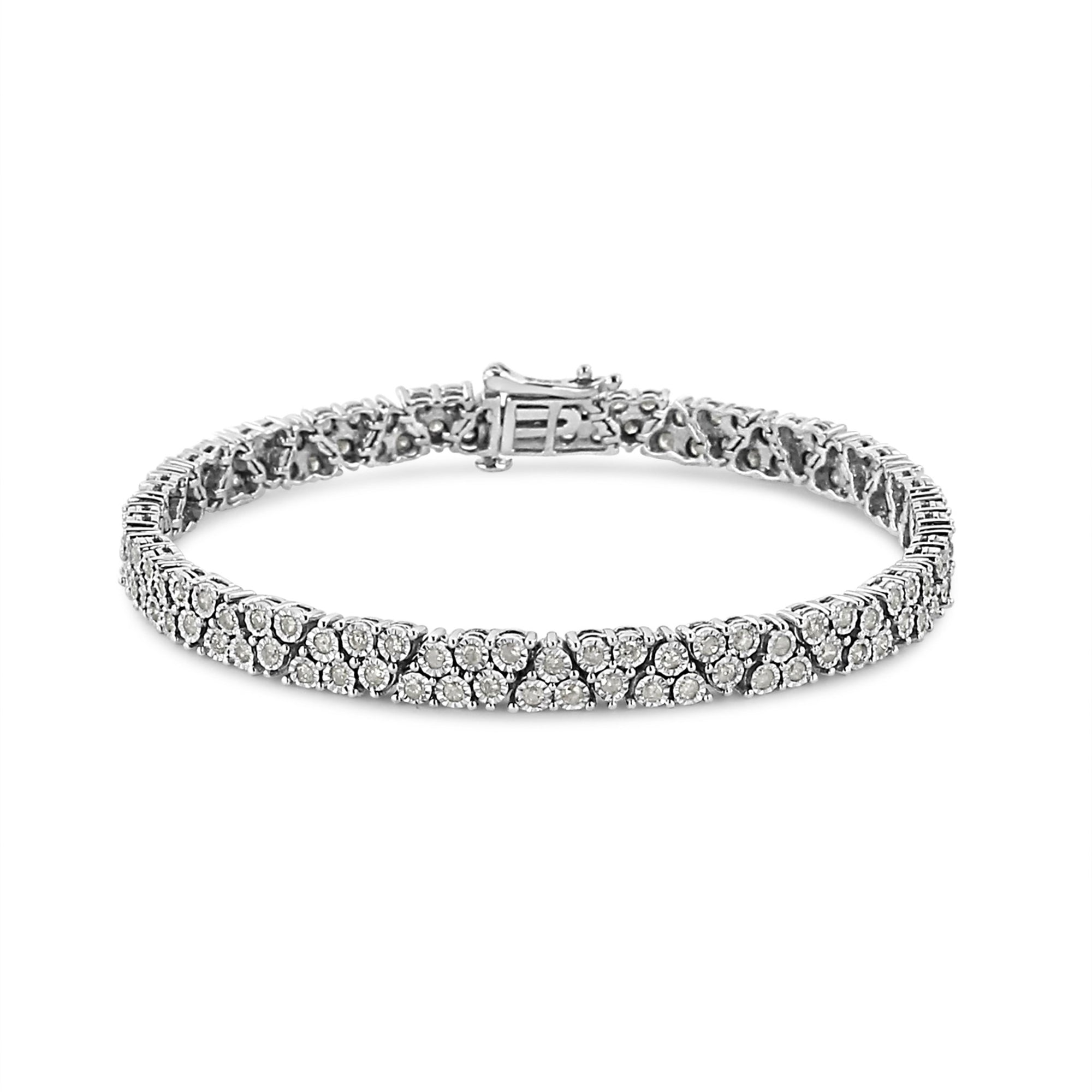 .925 Sterling Silver 2.00 Cttw Miracle Set Diamond Trio Link Multi Row Tennis Bracelet (I-J Color, I3 Clarity) - 7.25" Inches - LinkagejewelrydesignLinkagejewelrydesign