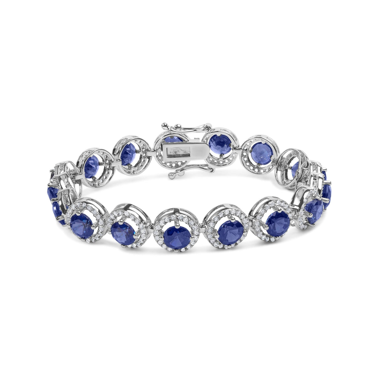 .925 Sterling Silver 21.0 Cttw Created Blue Sapphire and White Topaz Halo Link Bracelet - 7.25 inch - LinkagejewelrydesignLinkagejewelrydesign