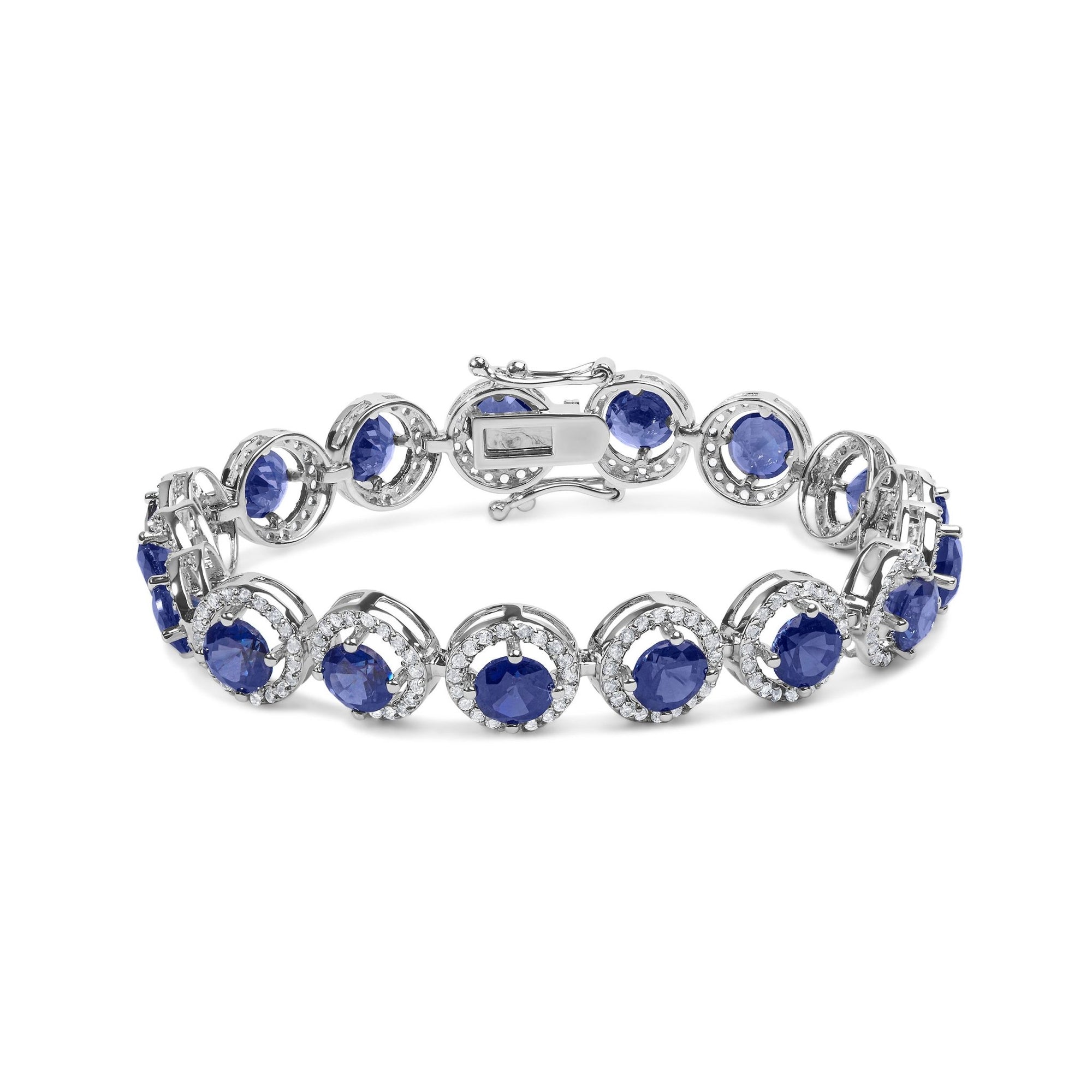 .925 Sterling Silver 21.0 Cttw Created Blue Sapphire and White Topaz Halo Link Bracelet - 7.25 inch - LinkagejewelrydesignLinkagejewelrydesign