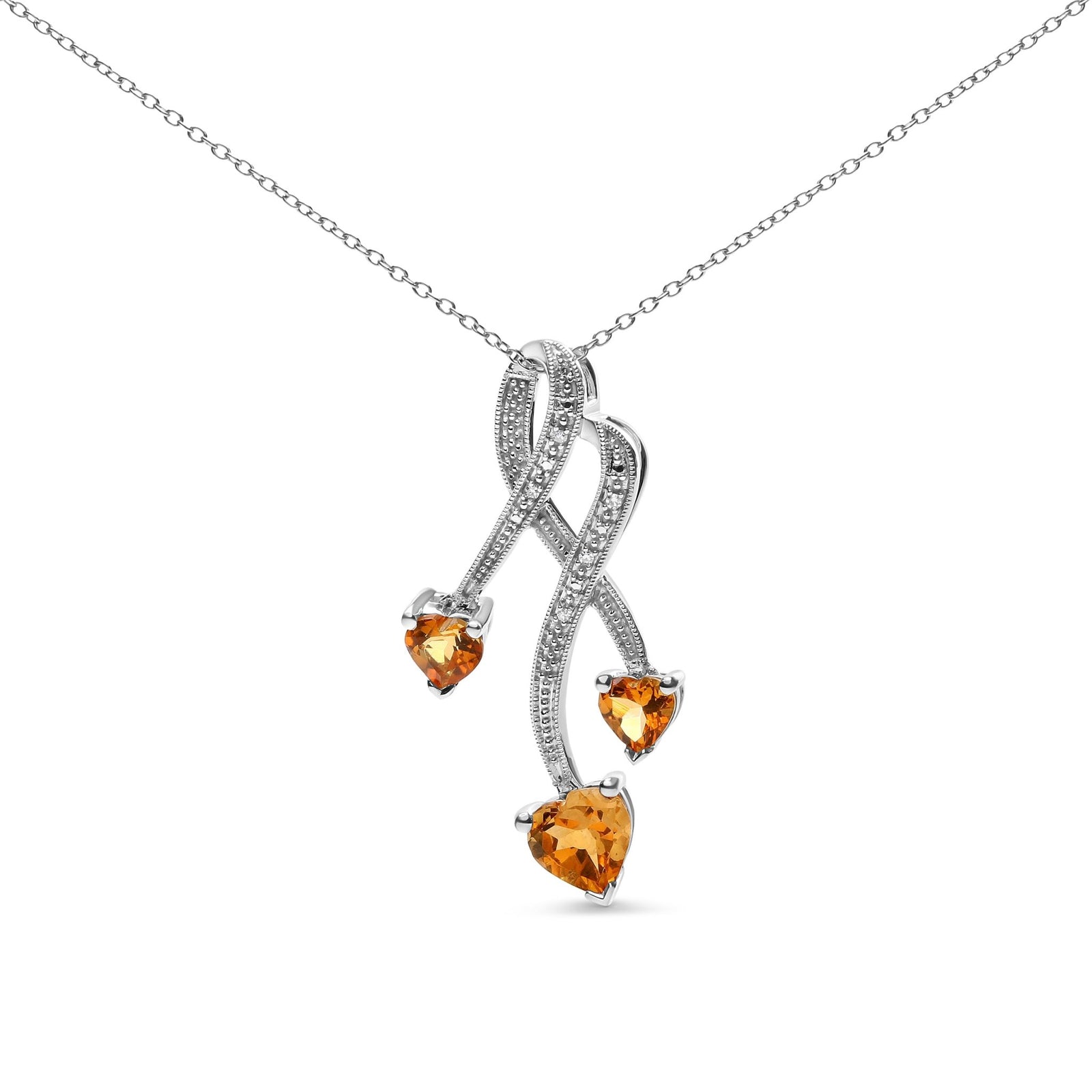 .925 Sterling Silver 3-Stone Heart Shape Citrine and Diamond Accent Spiral Drop 18" Pendant Necklace (H-I Color, SI1-SI2 Clarity) - LinkagejewelrydesignLinkagejewelrydesign